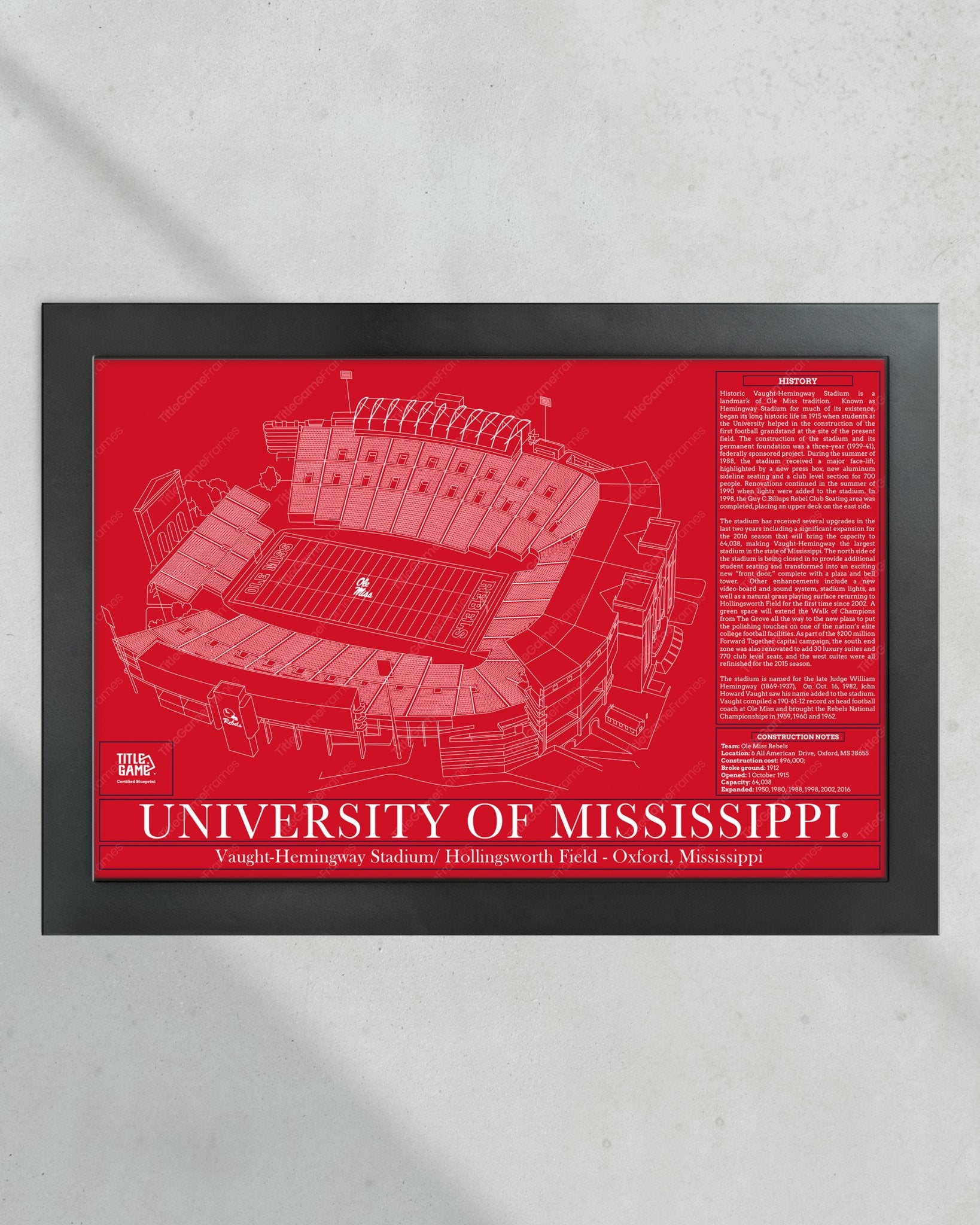 University of Mississippi Ole Miss Rebels Vaught Hemingway Stadium Blueprint - Title Game Frames