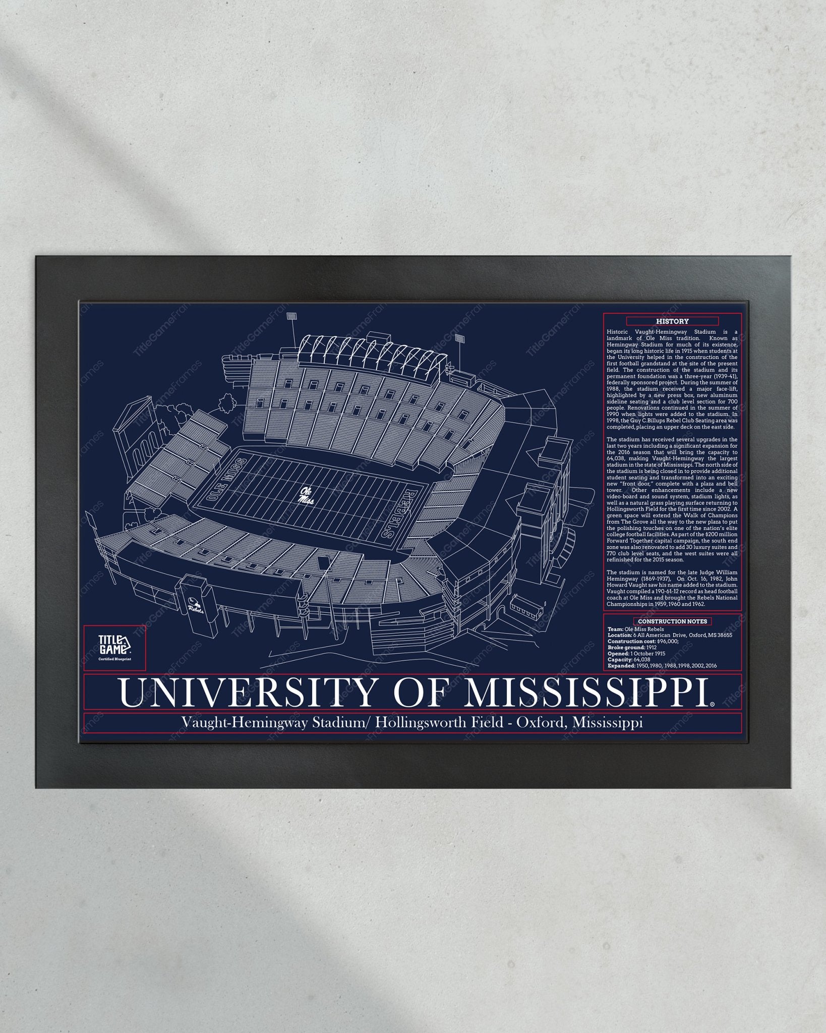 University of Mississippi Ole Miss Rebels Vaught Hemingway Stadium Blueprint - Title Game Frames