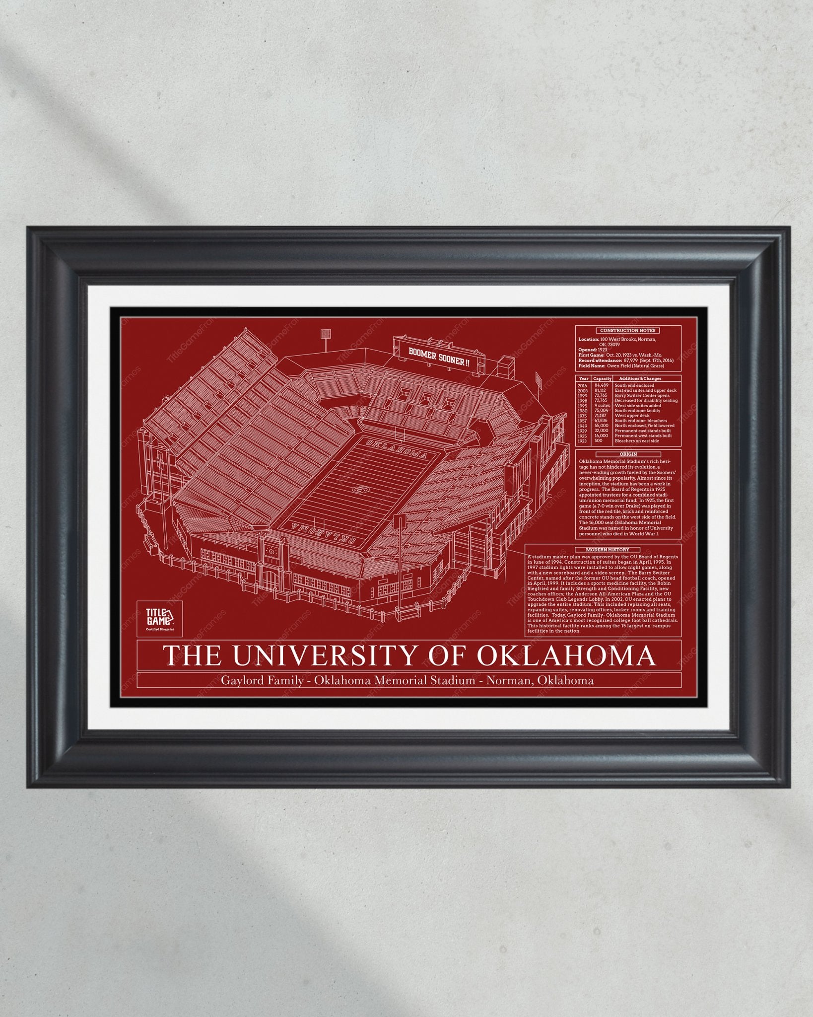 University of Oklahoma Gaylord Family Oklahoma Memorial Stadium Blueprint Wall Art - Title Game Frames