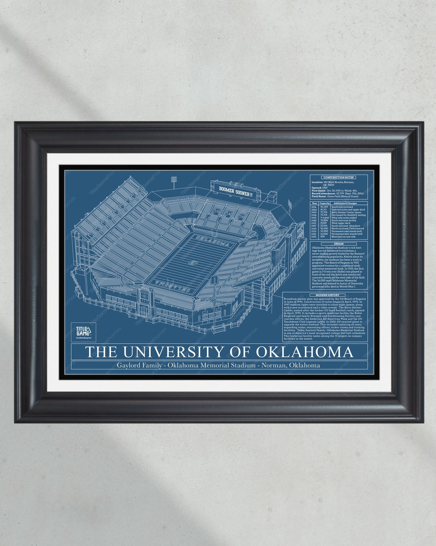 University of Oklahoma Gaylord Family Oklahoma Memorial Stadium Blueprint Wall Art - Title Game Frames