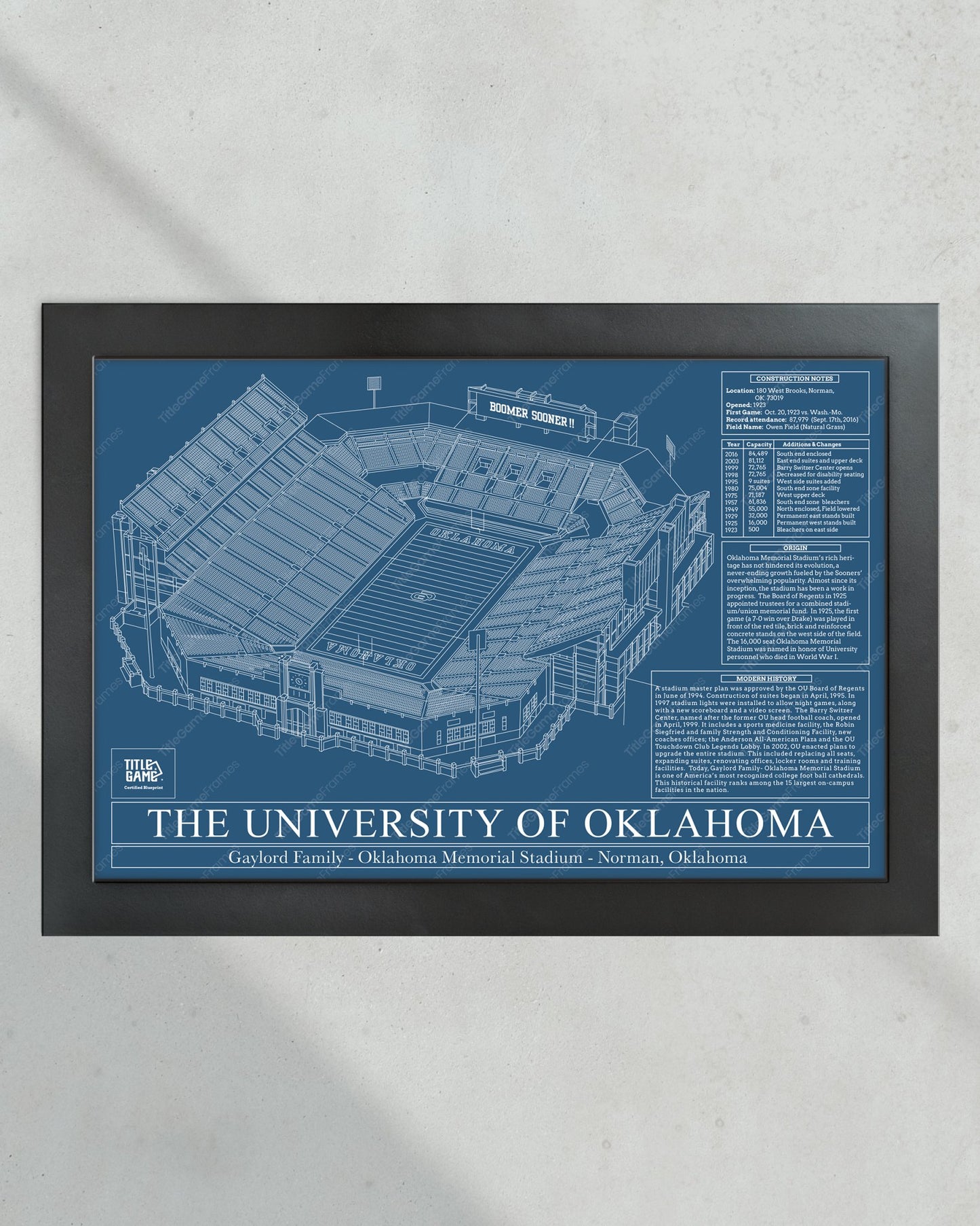 University of Oklahoma Gaylord Family Oklahoma Memorial Stadium Blueprint Wall Art - Title Game Frames