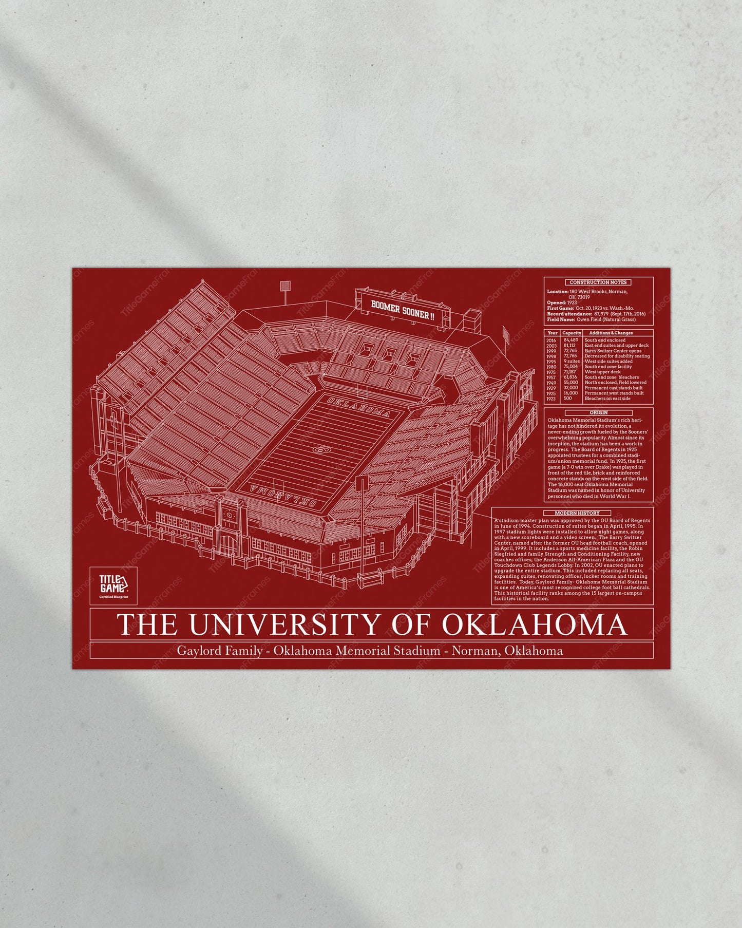 University of Oklahoma Gaylord Family Oklahoma Memorial Stadium Blueprint Wall Art - Title Game Frames