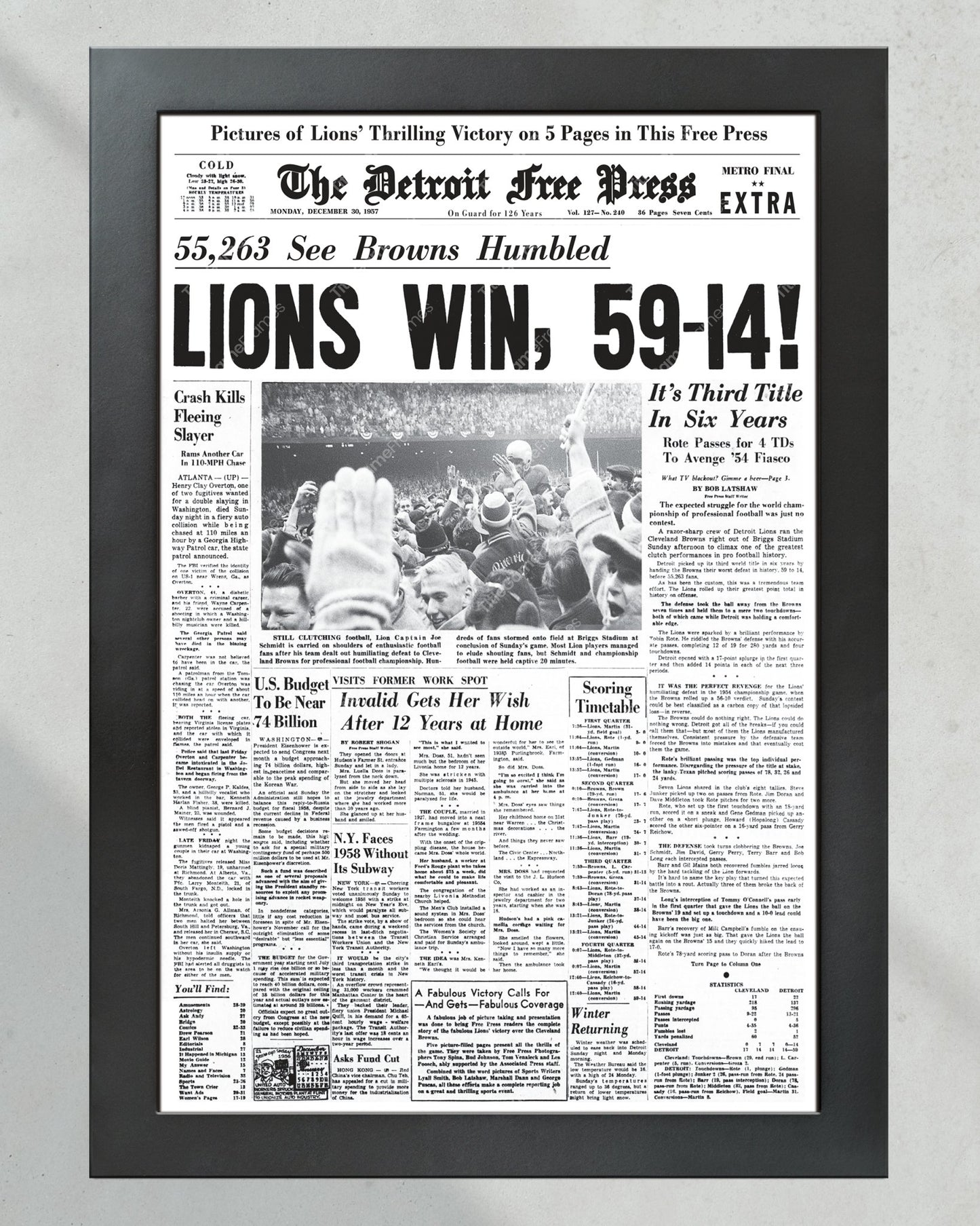 1957 Detroit Lions' Championship Triumph - 'Historic Victory' - Framed Newspaper Print - Title Game Frames