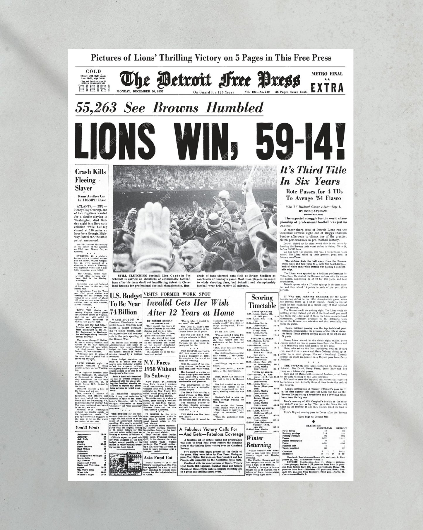 1957 Detroit Lions' Championship Triumph - 'Historic Victory' - Framed Newspaper Print - Title Game Frames