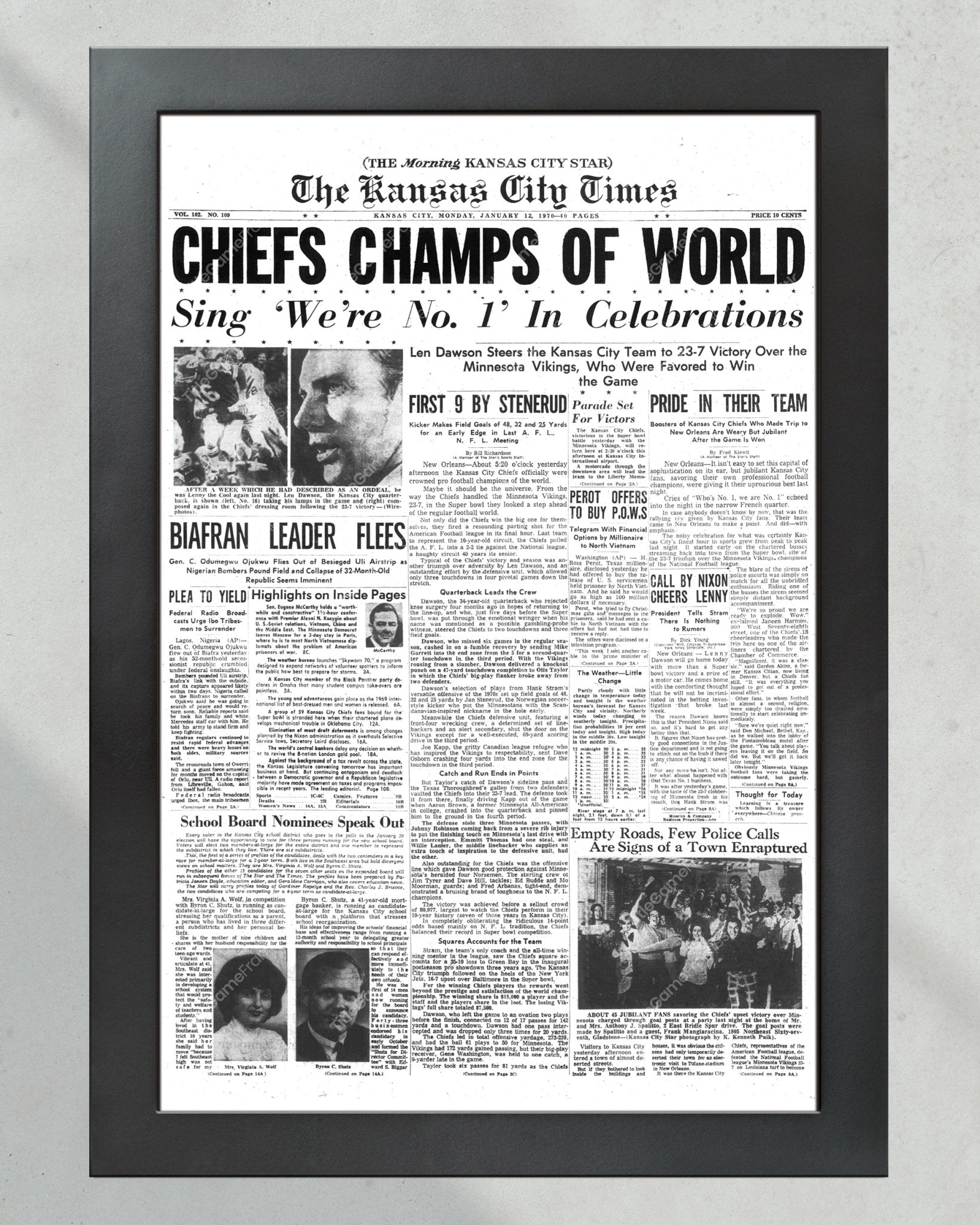 1970 Kansas City Chiefs Super Bowl IV Champions Framed Newspaper Print |  Historic NFL Victory – Title Game Frames