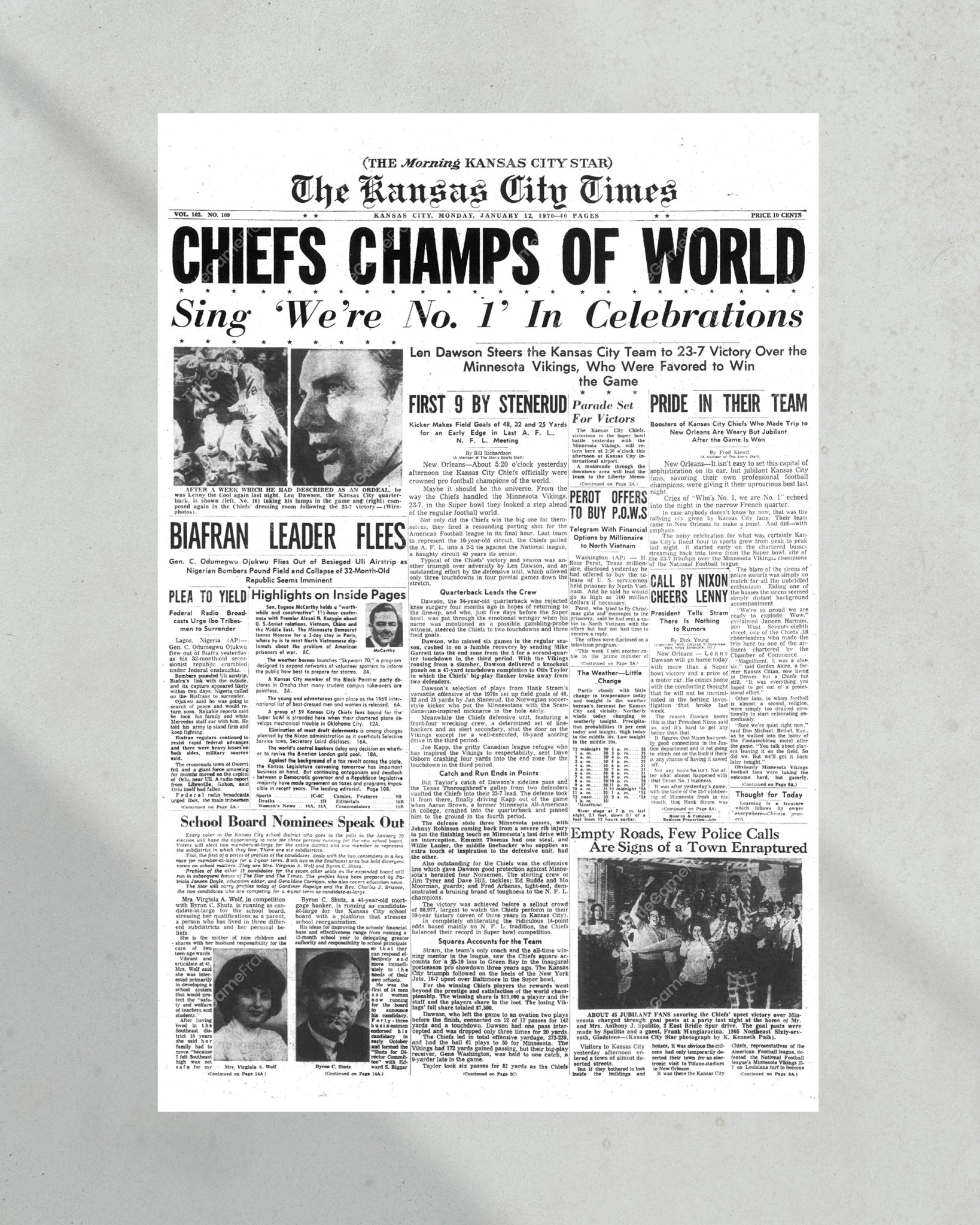 1970 Kansas City Chiefs Super Bowl Champions Framed Front Page Newspaper  Print