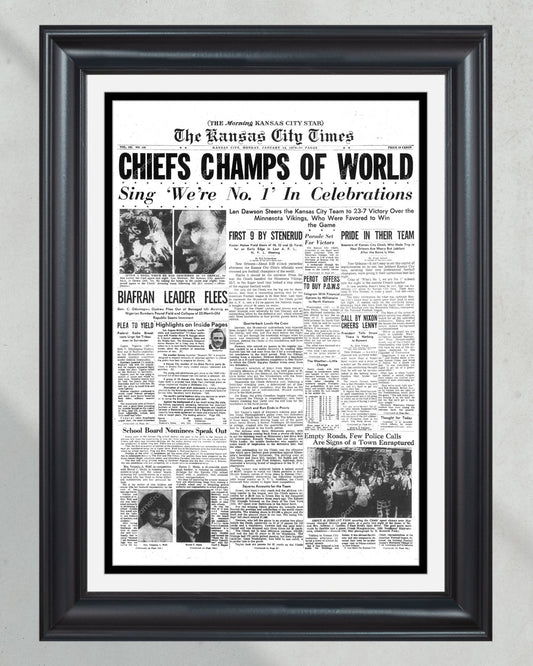 1970 Kansas City Chiefs Super Bowl Champions Framed Front Page Newspaper Print - Title Game Frames