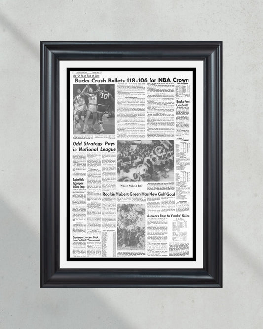 1971 Milwaukee Bucks NBA Champion Framed Front Page Newspaper Print - Title Game Frames
