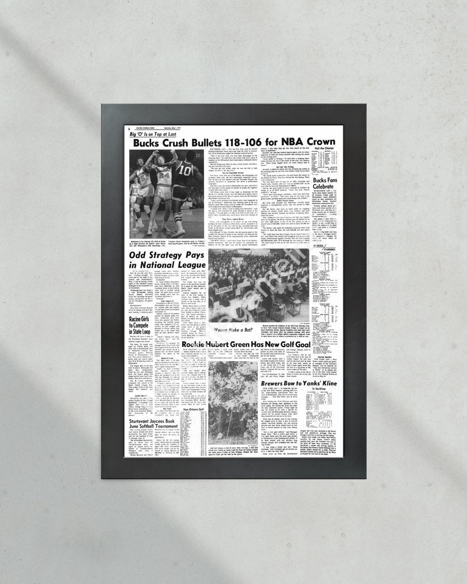 1971 Milwaukee Bucks NBA Champion Framed Front Page Newspaper Print - Title Game Frames