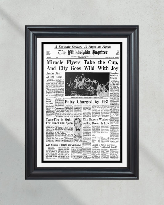 1974 Philadelphia Flyers Stanley Cup Champion Framed Front Page Newspaper Print - Title Game Frames