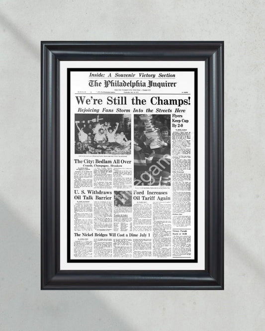 1975 Philadelphia Flyers Stanley Cup Champion Framed Front Page Newspaper Print - Title Game Frames