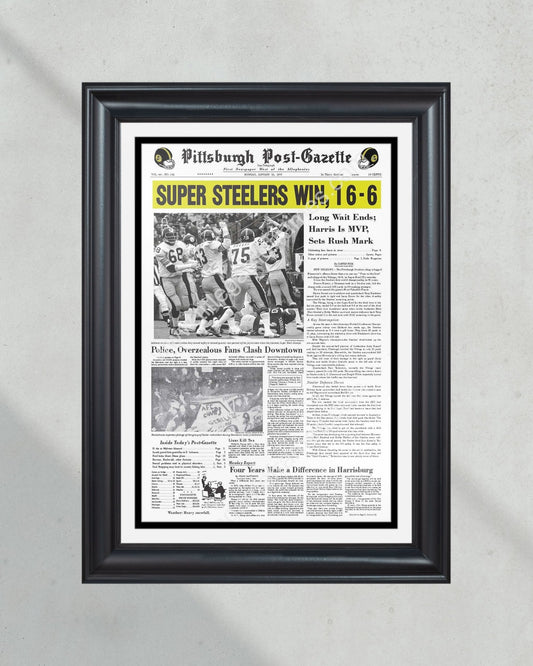 1975 Pittsburgh Steelers Super Bowl IV Champions Framed Front Page Newspaper Print - Title Game Frames