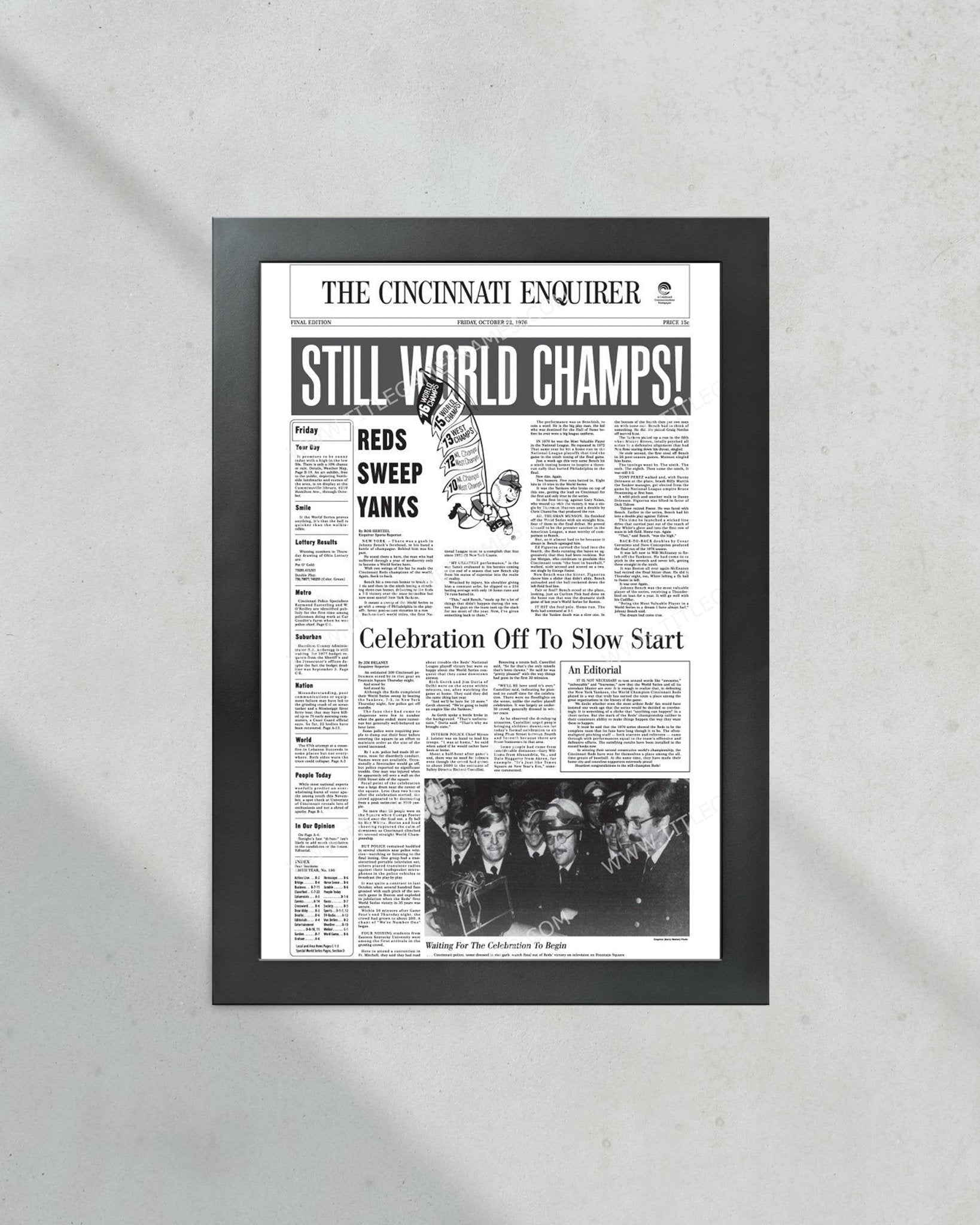 1976 Cincinnati Reds World Series Champions Framed Front Page Newspaper Print - Title Game Frames