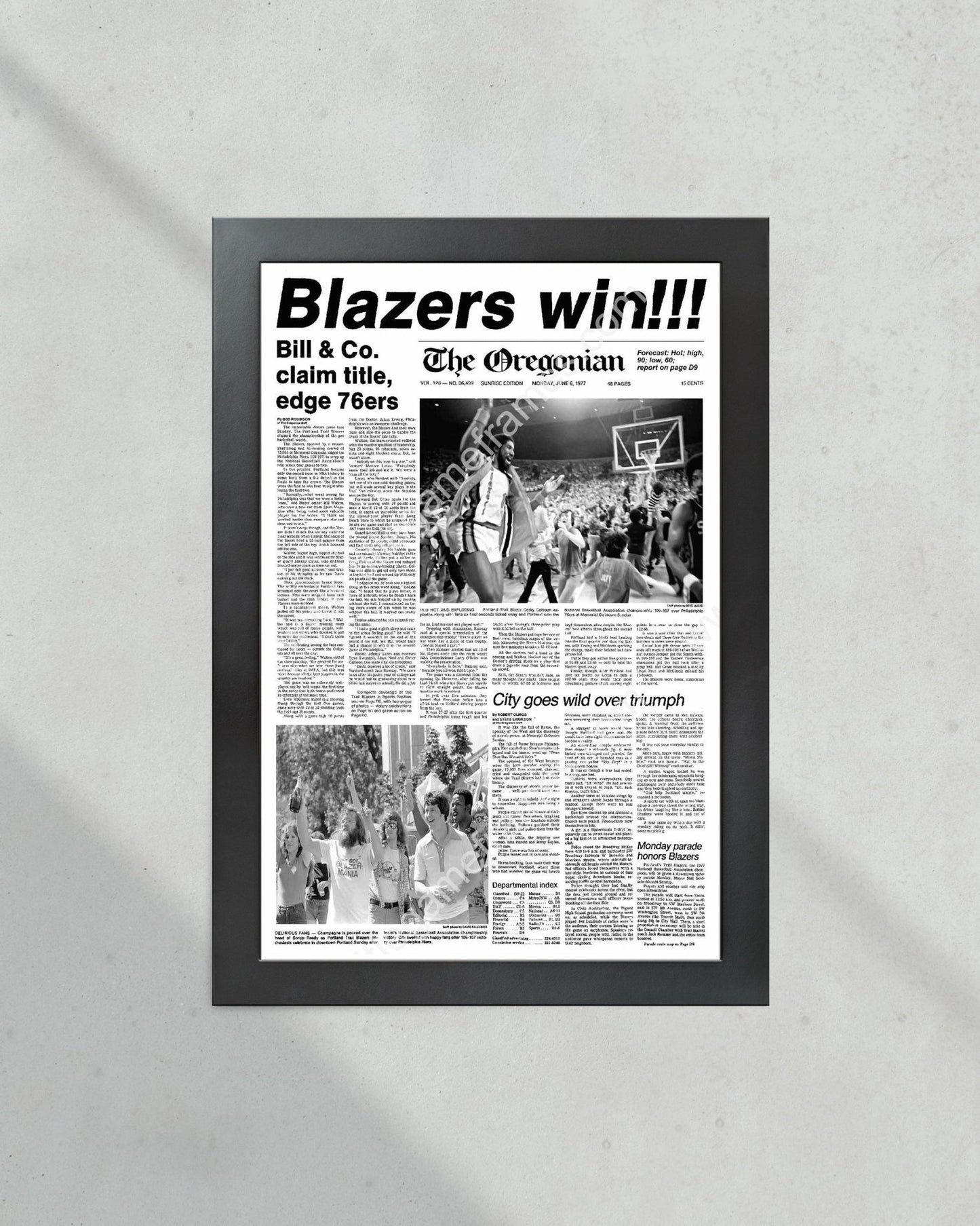 1977 Portland Trailblazers NBA Champion Framed Front Page Newspaper Print - Title Game Frames
