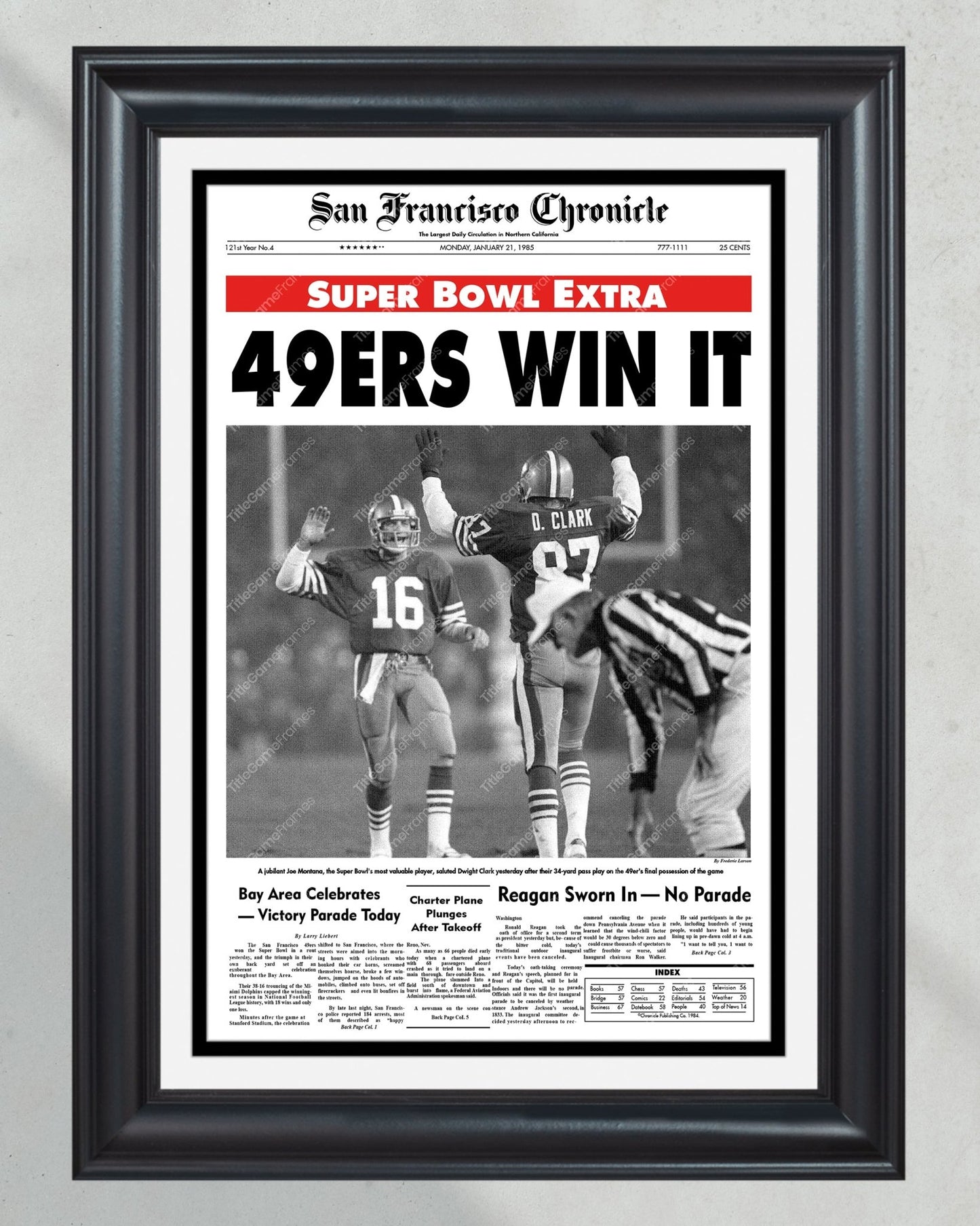 1985 San Francisco 49ers Super Bowl Champions Framed Front Page Newspaper Print Joe Montana - Title Game Frames