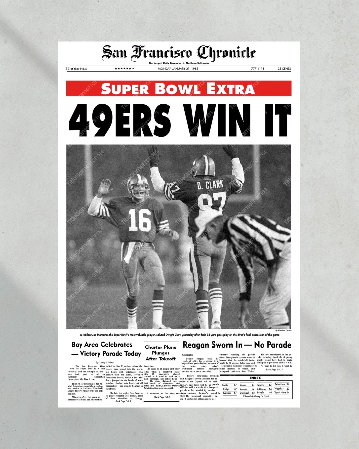 1985 San Francisco 49ers Super Bowl Champions Framed Front Page Newspaper Print Joe Montana - Title Game Frames