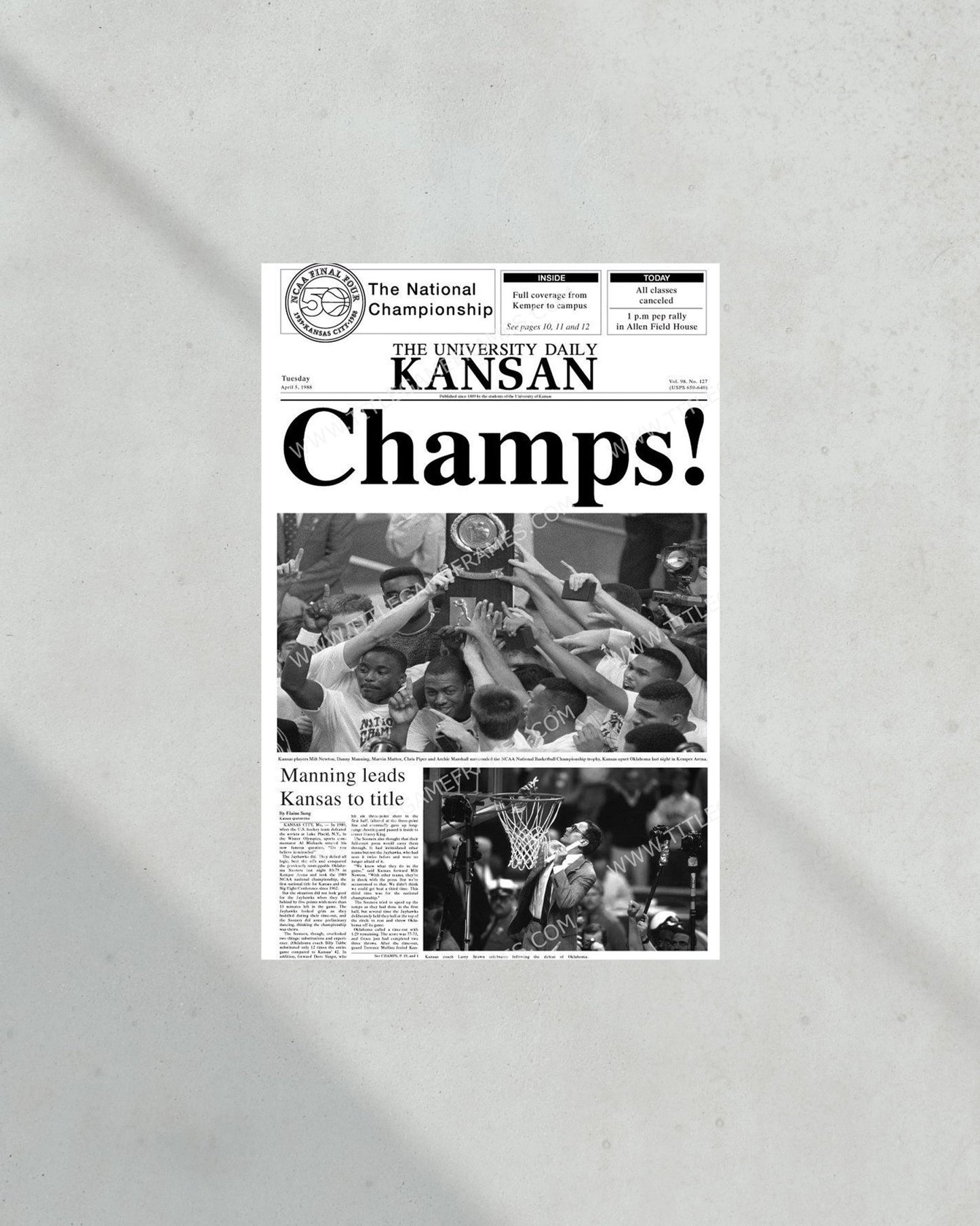 1988 Kansas Jayhawks NCAA College Basketball National Champions Framed Front Page Newspaper Print - Title Game Frames