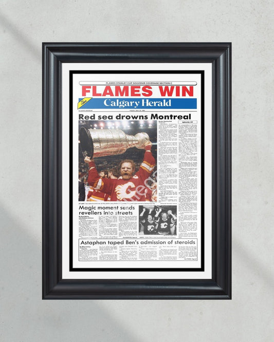 1989 Calgary Flames Stanley Cup Champion Framed Front Page Newspaper Print - Title Game Frames