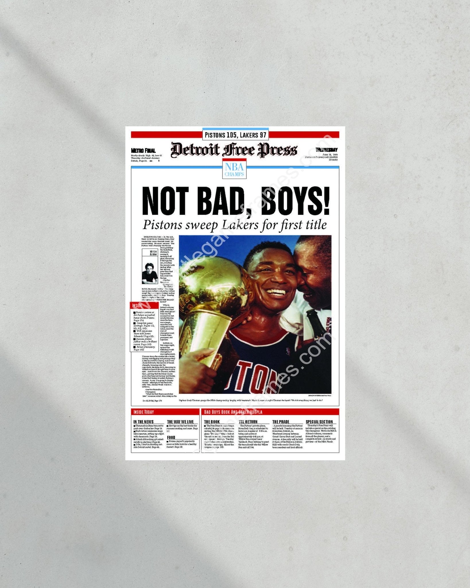 1989 Detroit Pistons NBA Champion Framed Newspaper Front Page Print Bad Boys The Palace - Title Game Frames