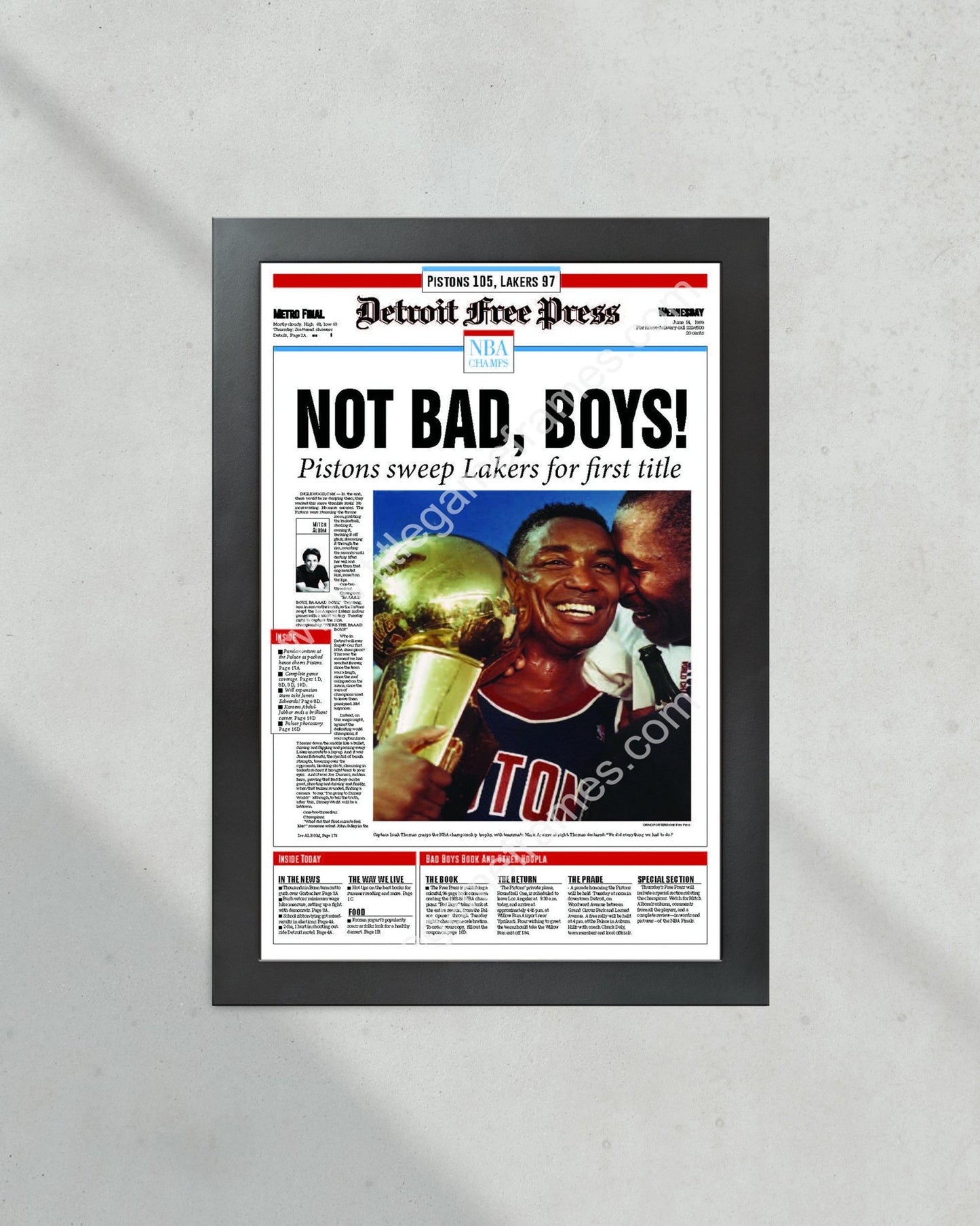 1989 Detroit Pistons NBA Champion Framed Newspaper Front Page Print Bad Boys The Palace - Title Game Frames