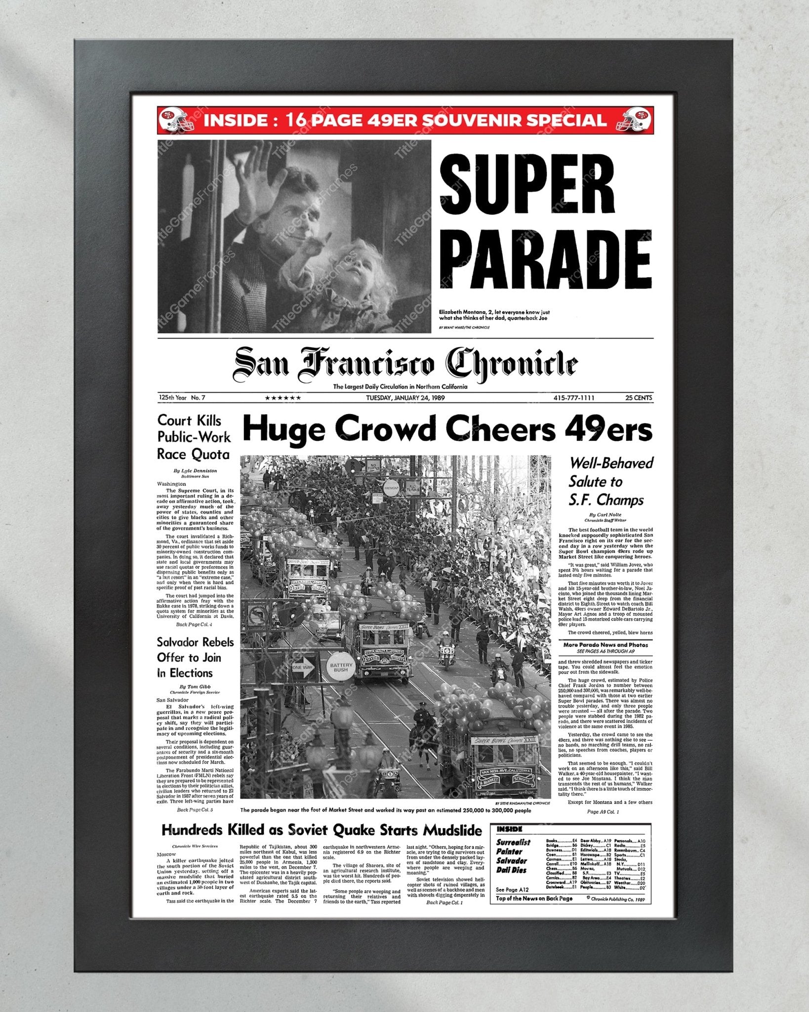 1989 San Francisco 49ers Super Bowl XXIII Champion Parade Framed Front Page Newspaper Print - Title Game Frames