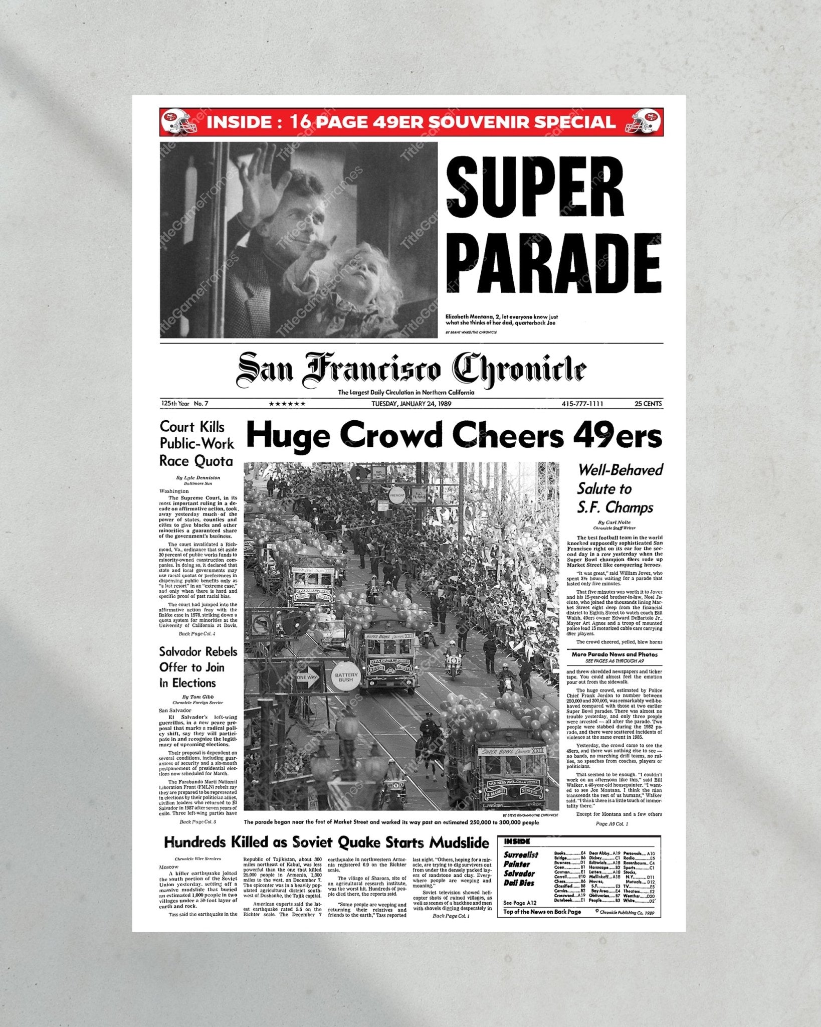 1989 San Francisco 49ers Super Bowl XXIII Champion Parade Framed Front Page Newspaper Print - Title Game Frames