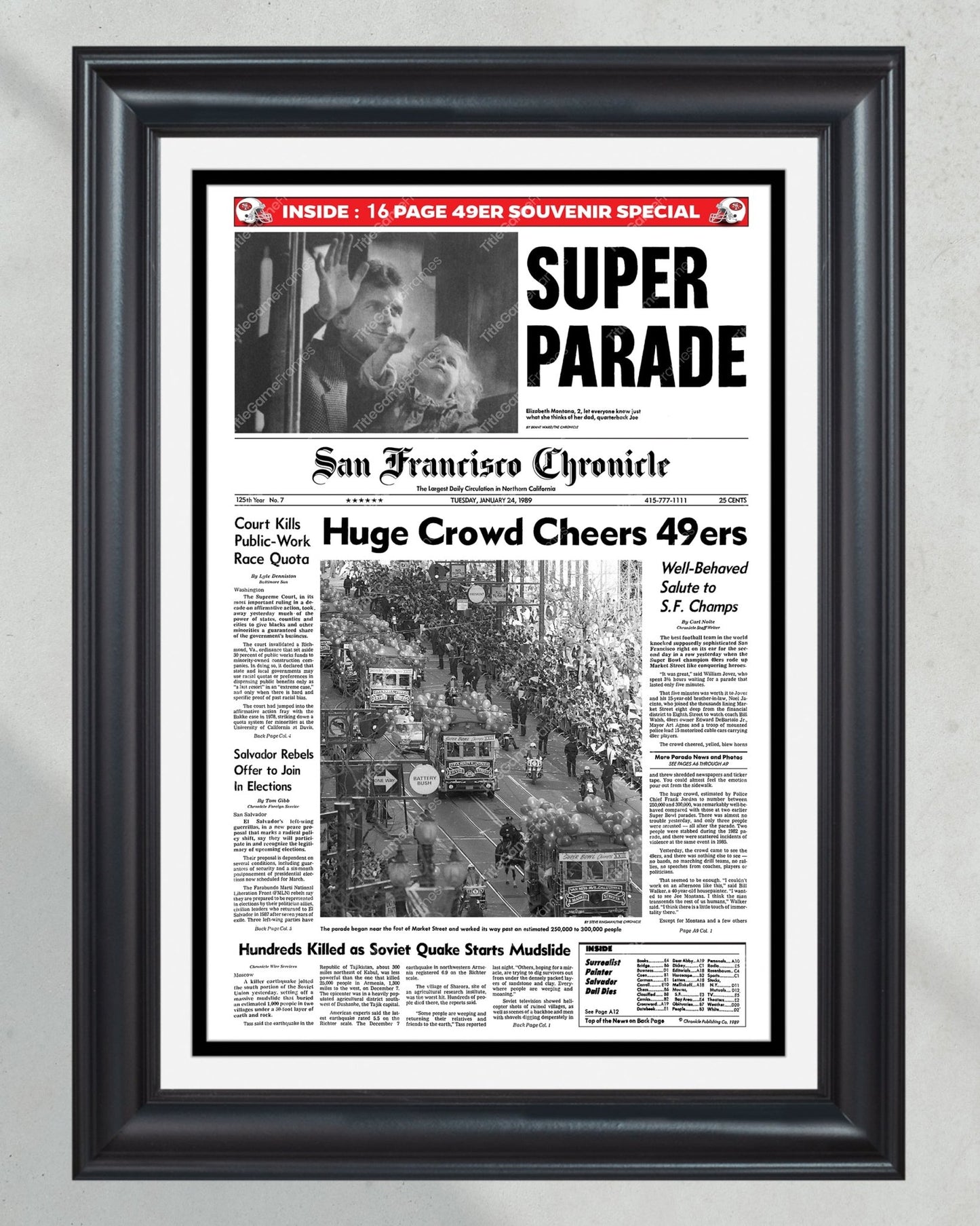 1989 San Francisco 49ers Super Bowl XXIII Champion Parade Framed Front Page Newspaper Print - Title Game Frames