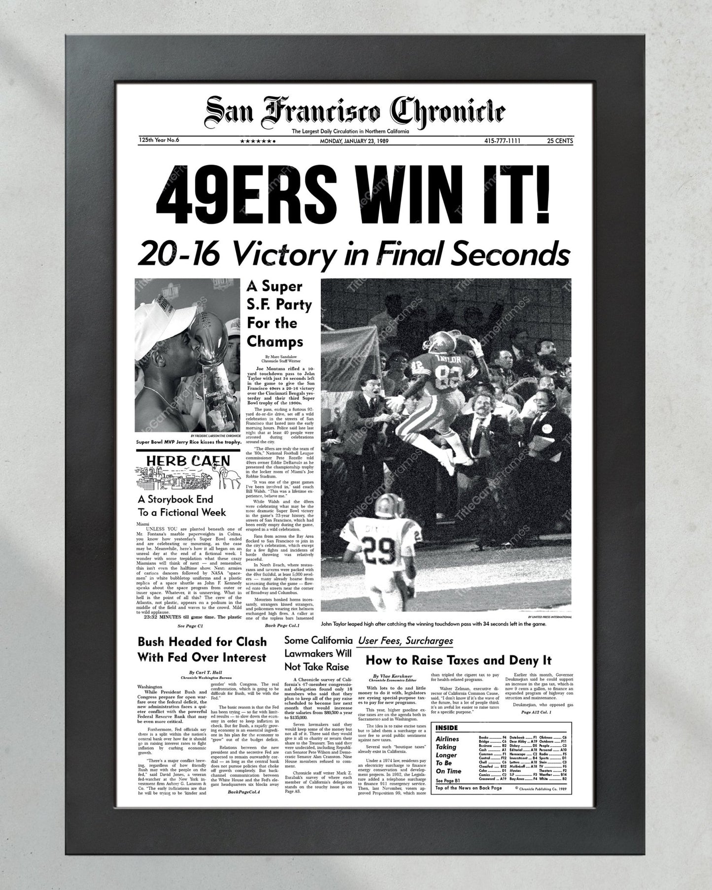 1989 San Francisco 49ers Super Bowl XXIII Champions Framed Front Page Newspaper Print - Title Game Frames