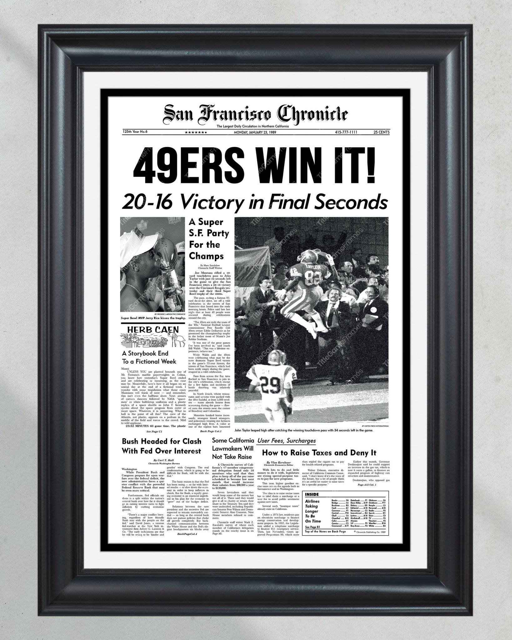 1989 San Francisco 49ers Super Bowl XXIII Champions Framed Front Page Newspaper Print - Title Game Frames