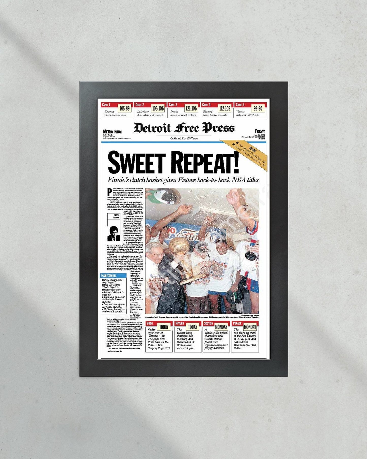 1990 Detroit Pistons NBA Champion Framed Front Page Newspaper Print Bad Boys - Title Game Frames