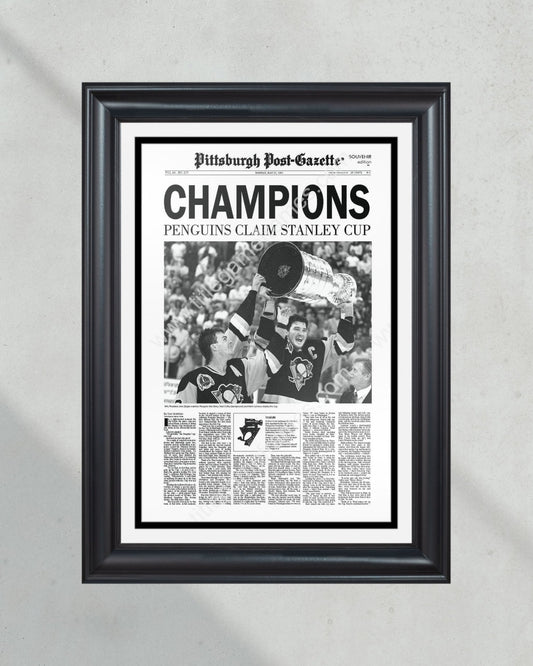 1991 Pittsburgh Penguins Framed Stanley Cup Champions Front Page Newspaper Print Mario Lemieux Civic Arena Igloo - Title Game Frames