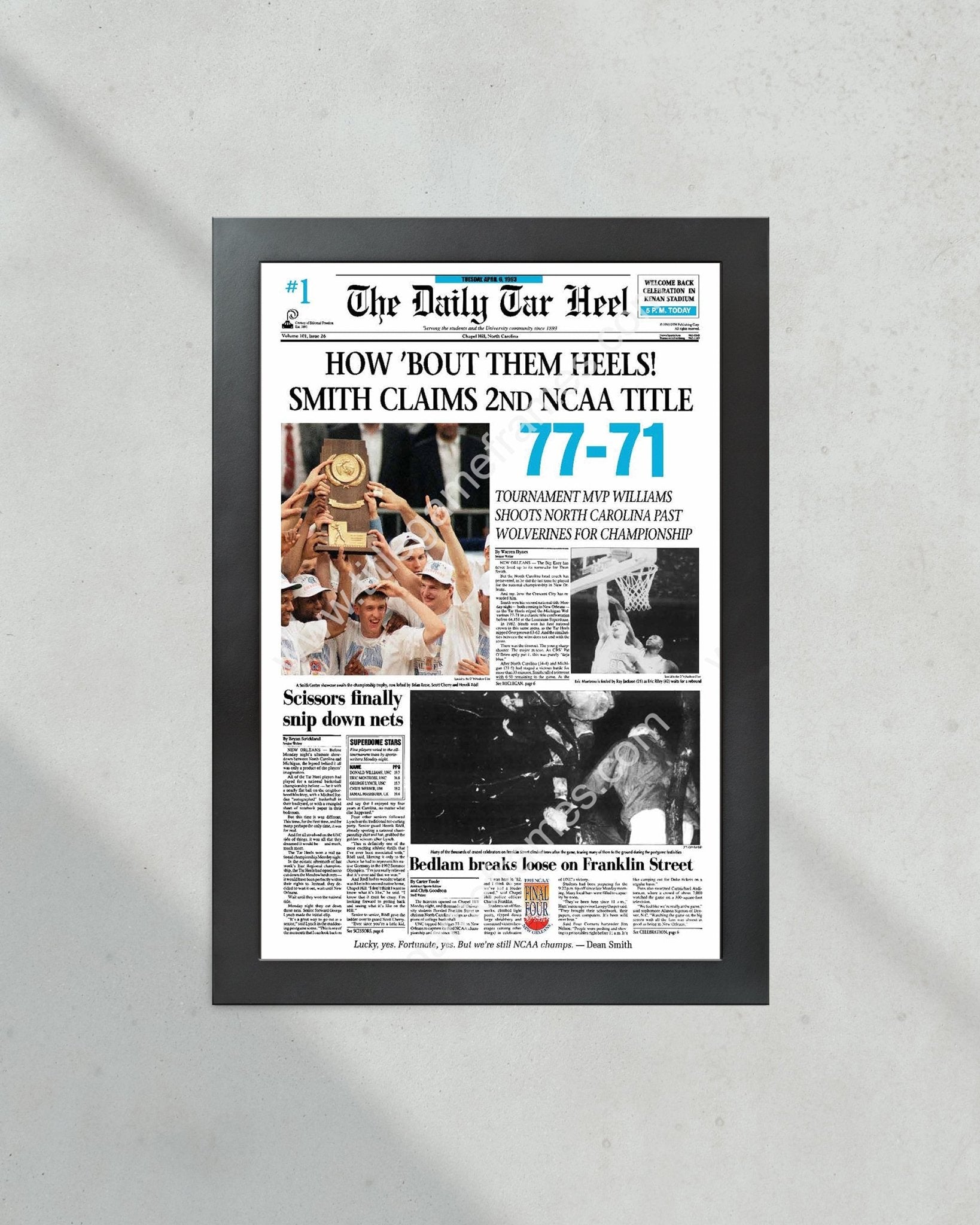 1993 North Carolina Tar Heels NCAA College Basketball Champions Framed Front Page Newspaper Print - Title Game Frames