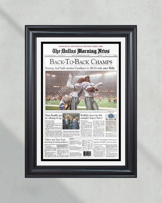 1994 Dallas Cowboys Back to Back Super Bowl Champions Framed Front Page Newspaper Print - Title Game Frames