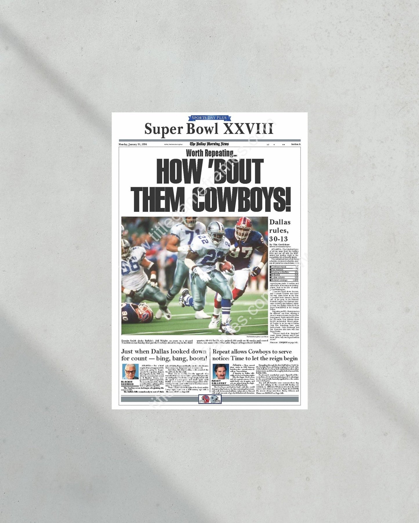 1994 Dallas Cowboys Super Bowl Champion Framed Newspaper Cover Print Cowboy Stadium - Title Game Frames