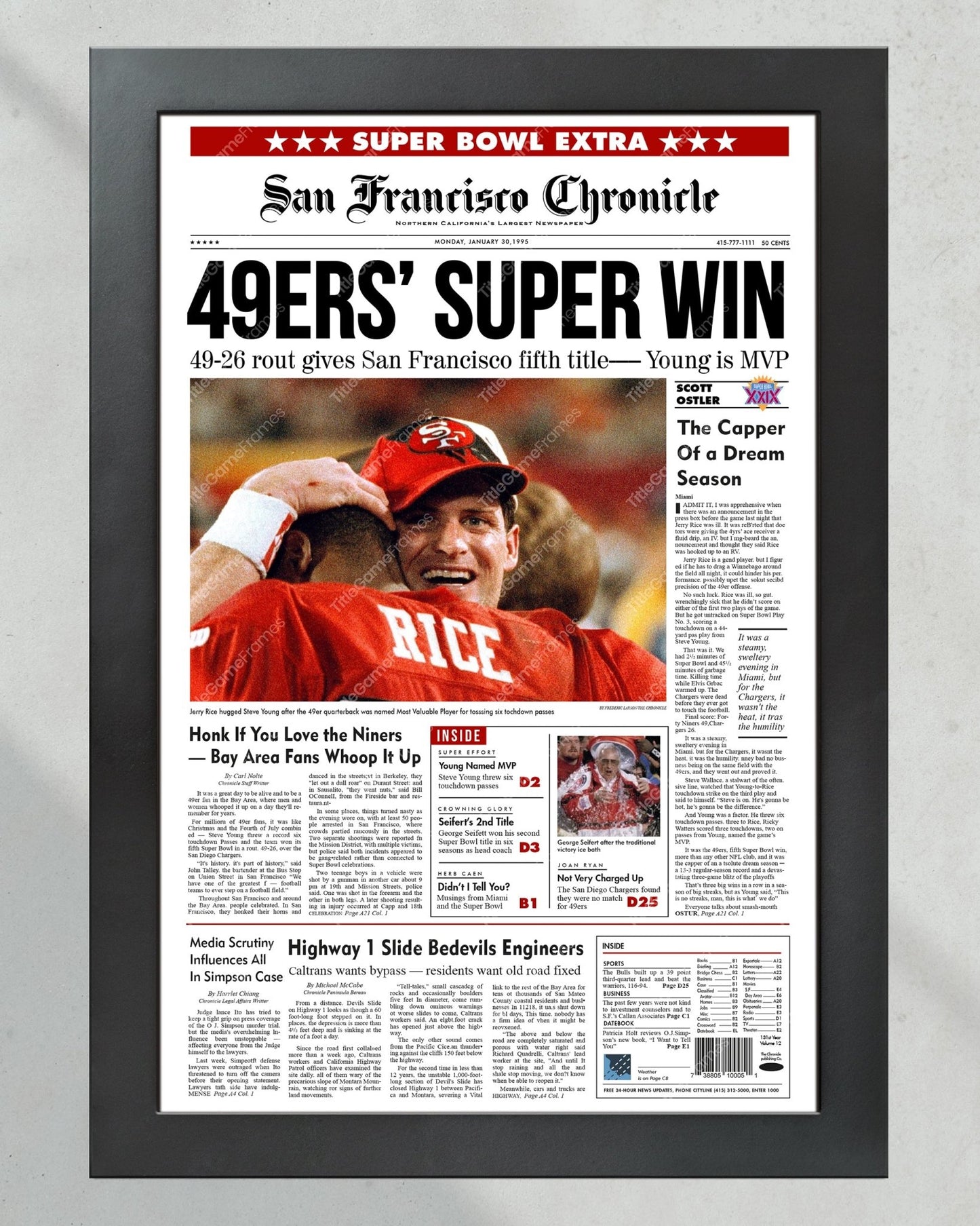 1995 San Francisco 49ers Super Bowl Champions Framed Front Page Newspaper Print - Title Game Frames