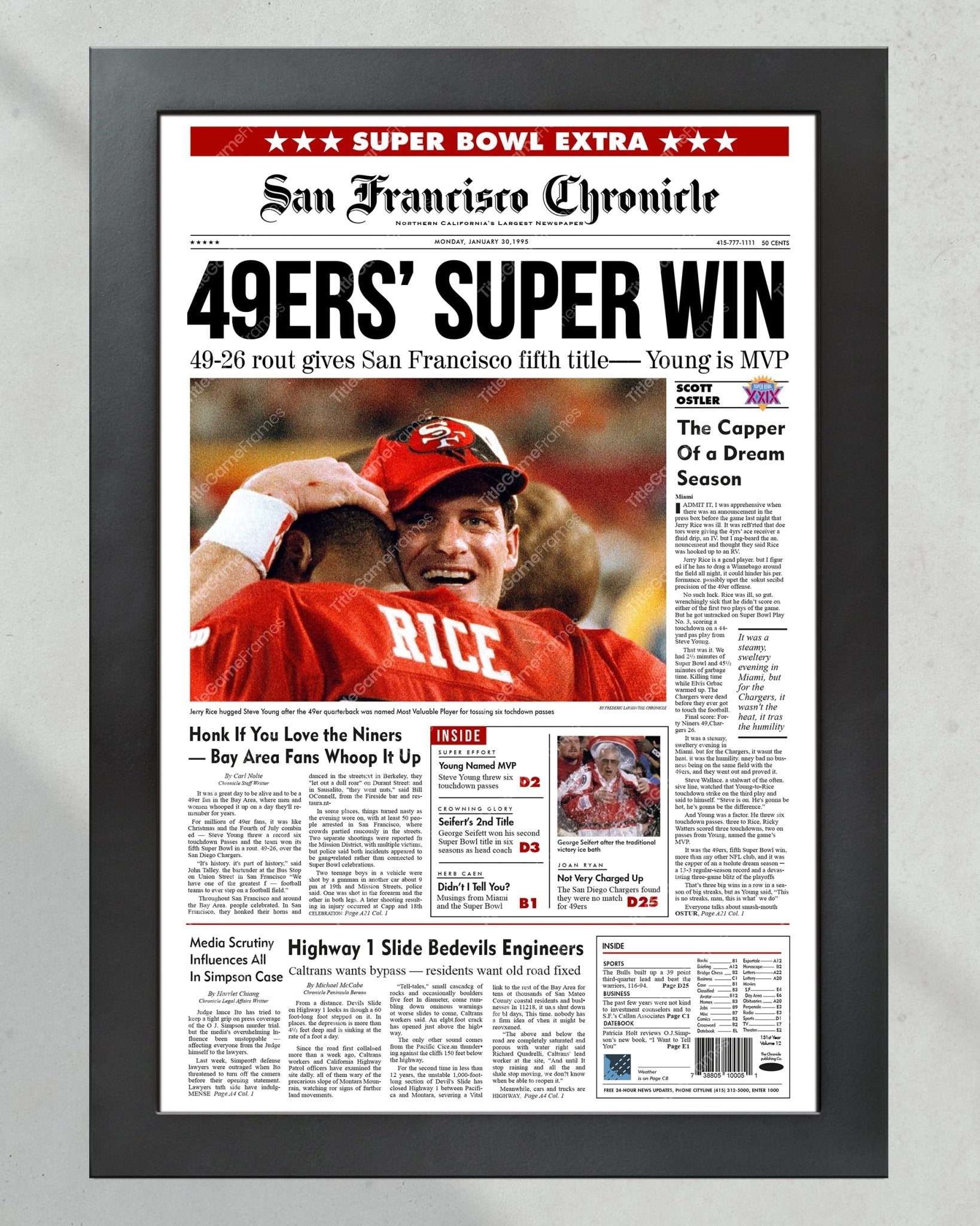 1995 San Francisco 49ers Super Bowl Champions Framed Front Page Newspaper Print - Title Game Frames