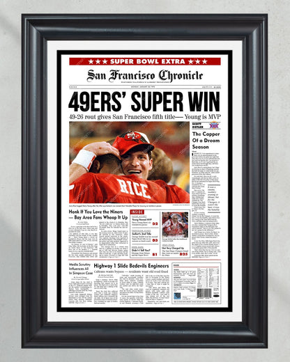 1995 San Francisco 49ers Super Bowl Champions Framed Front Page Newspaper Print - Title Game Frames