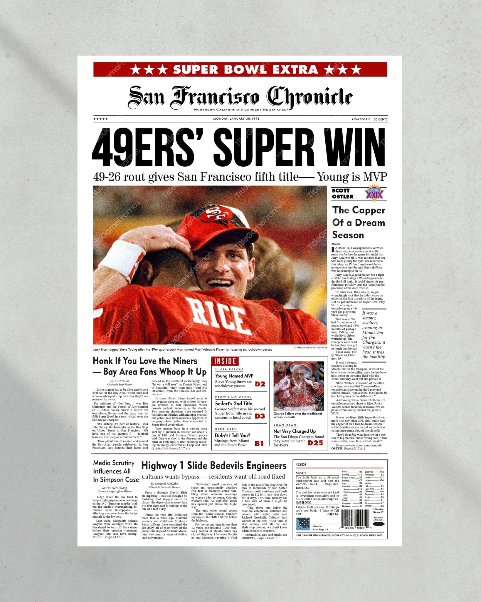 1995 San Francisco 49ers Super Bowl Champions Framed Front Page Newspaper Print - Title Game Frames