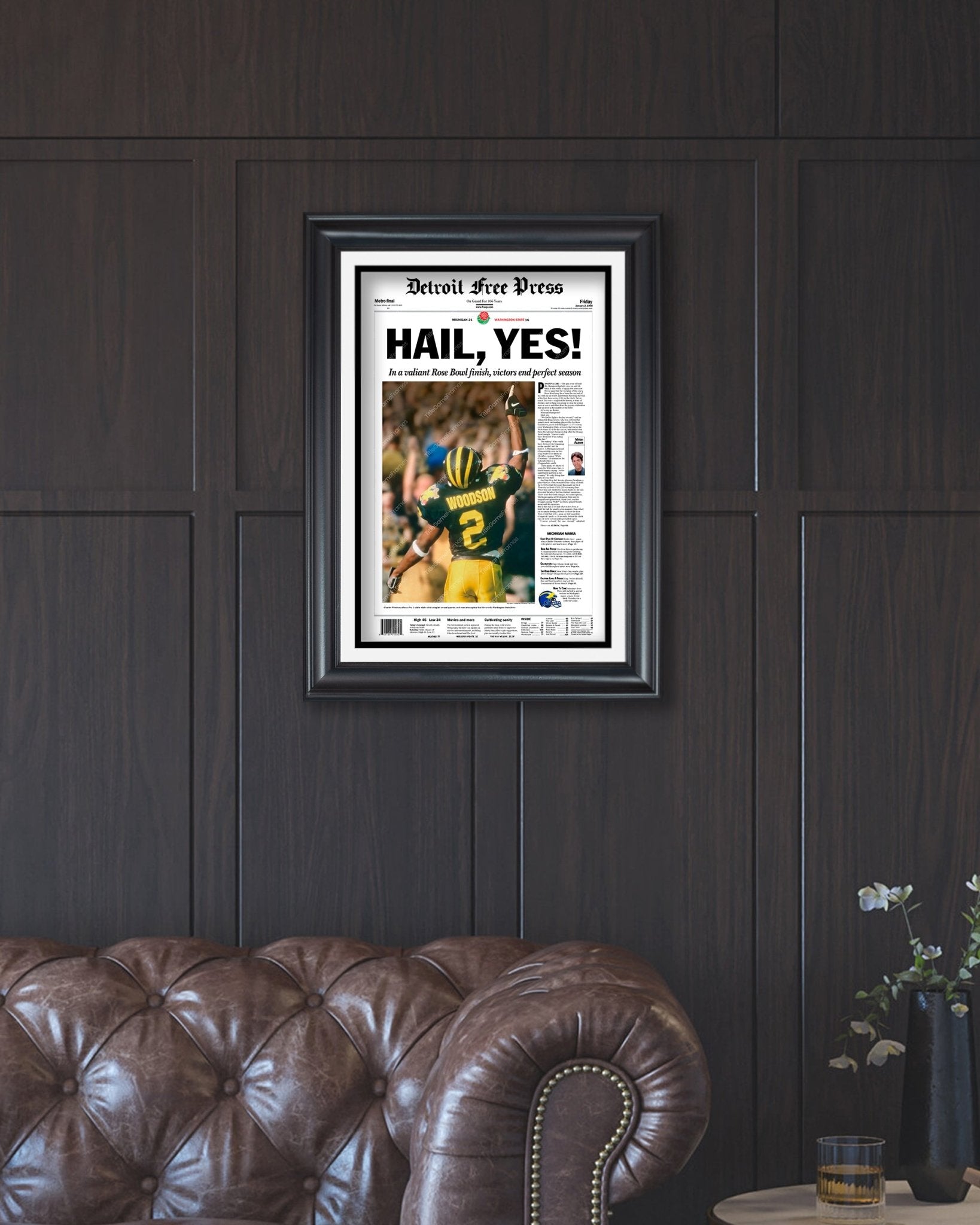 1997 Michigan Wolverines Rose Bowl Victory: 'HAIL, YES' - Framed Newspaper Print - Title Game Frames