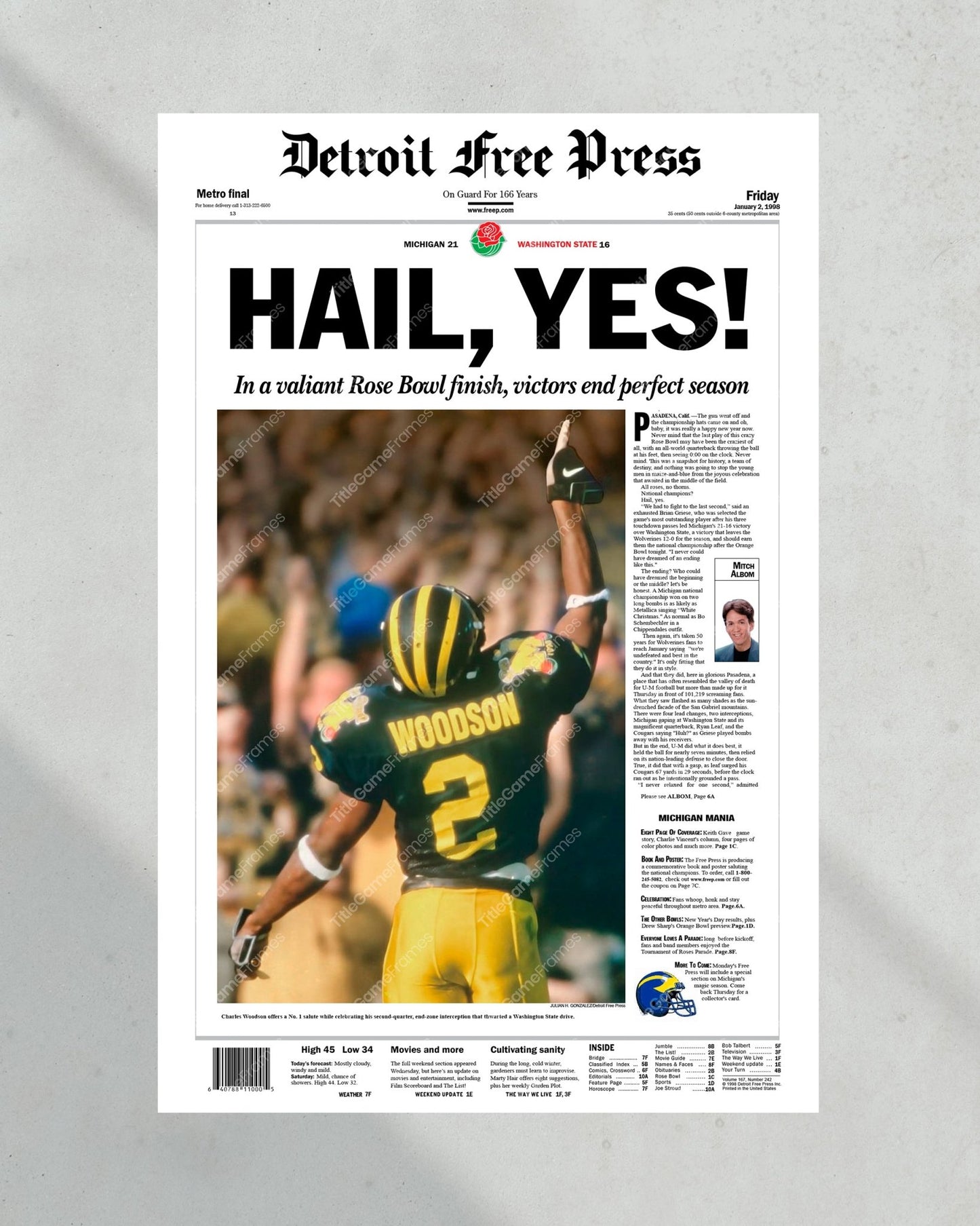 1997 Michigan Wolverines Rose Bowl Victory: 'HAIL, YES' - Framed Newspaper Print - Title Game Frames