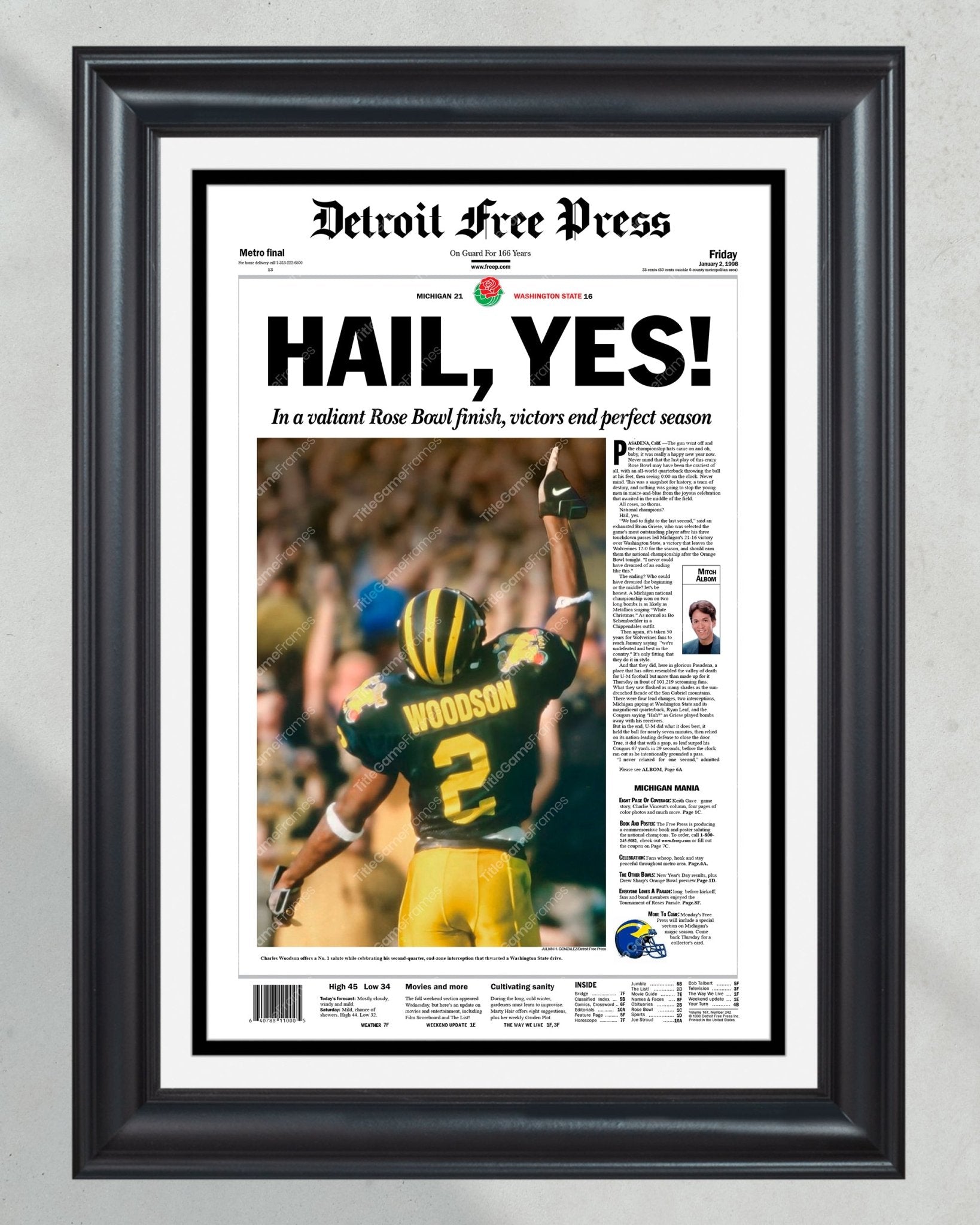 1997 Michigan Wolverines Rose Bowl Victory: 'HAIL, YES' - Framed Newspaper Print - Title Game Frames