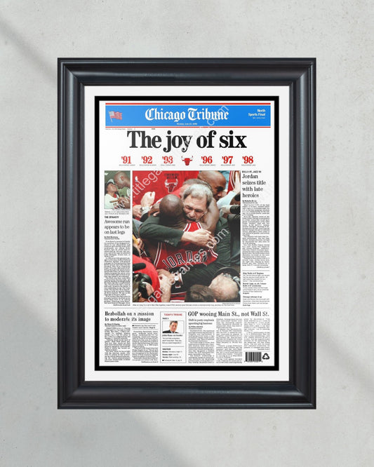 1998 Chicago Bulls Championship “The Joy of Six” Chicago Tribune Framed Newspaper Print NBA Michael Jordan United Center - Title Game Frames