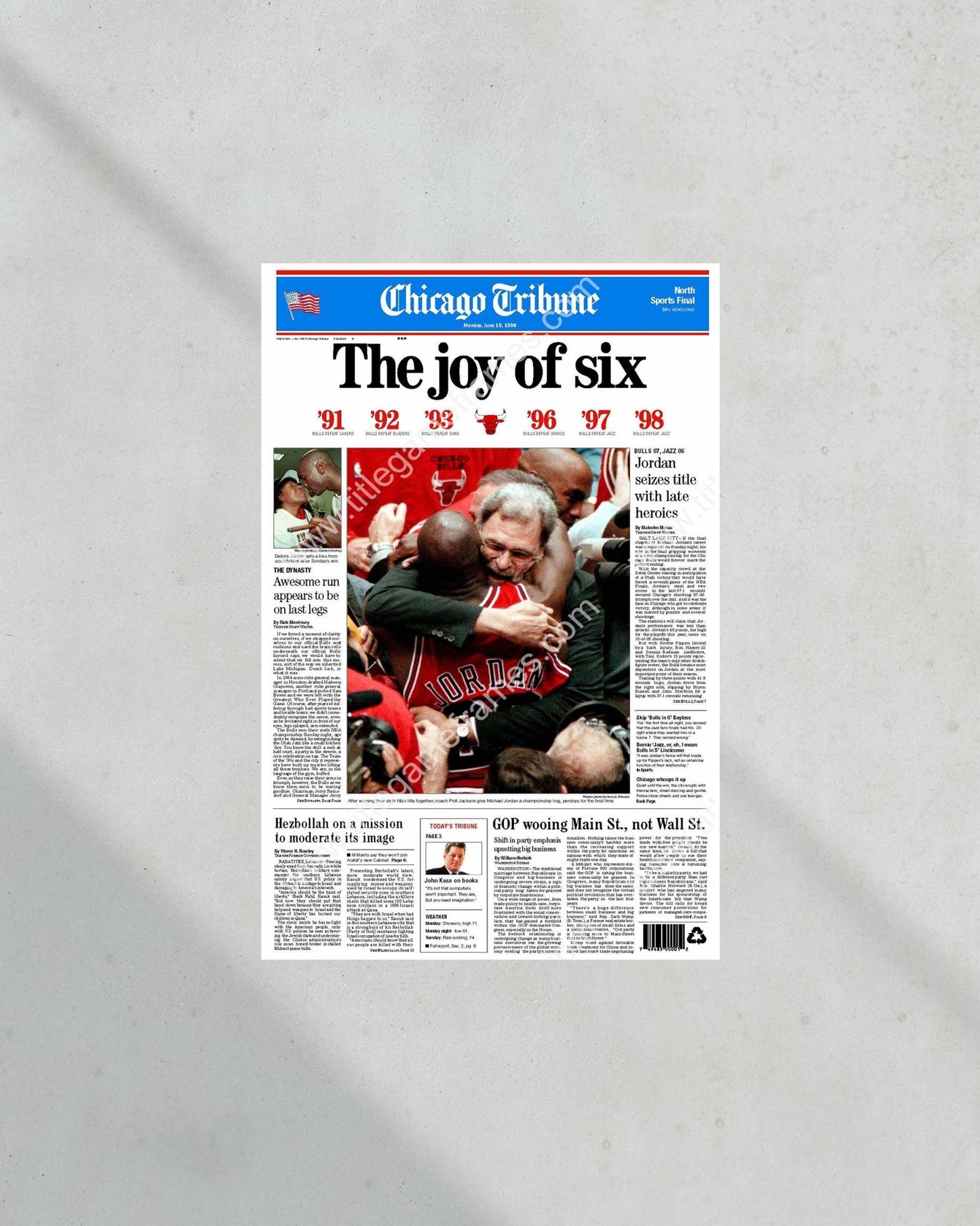 1998 Chicago Bulls Championship “The Joy of Six” Chicago Tribune Framed Newspaper Print NBA Michael Jordan United Center - Title Game Frames