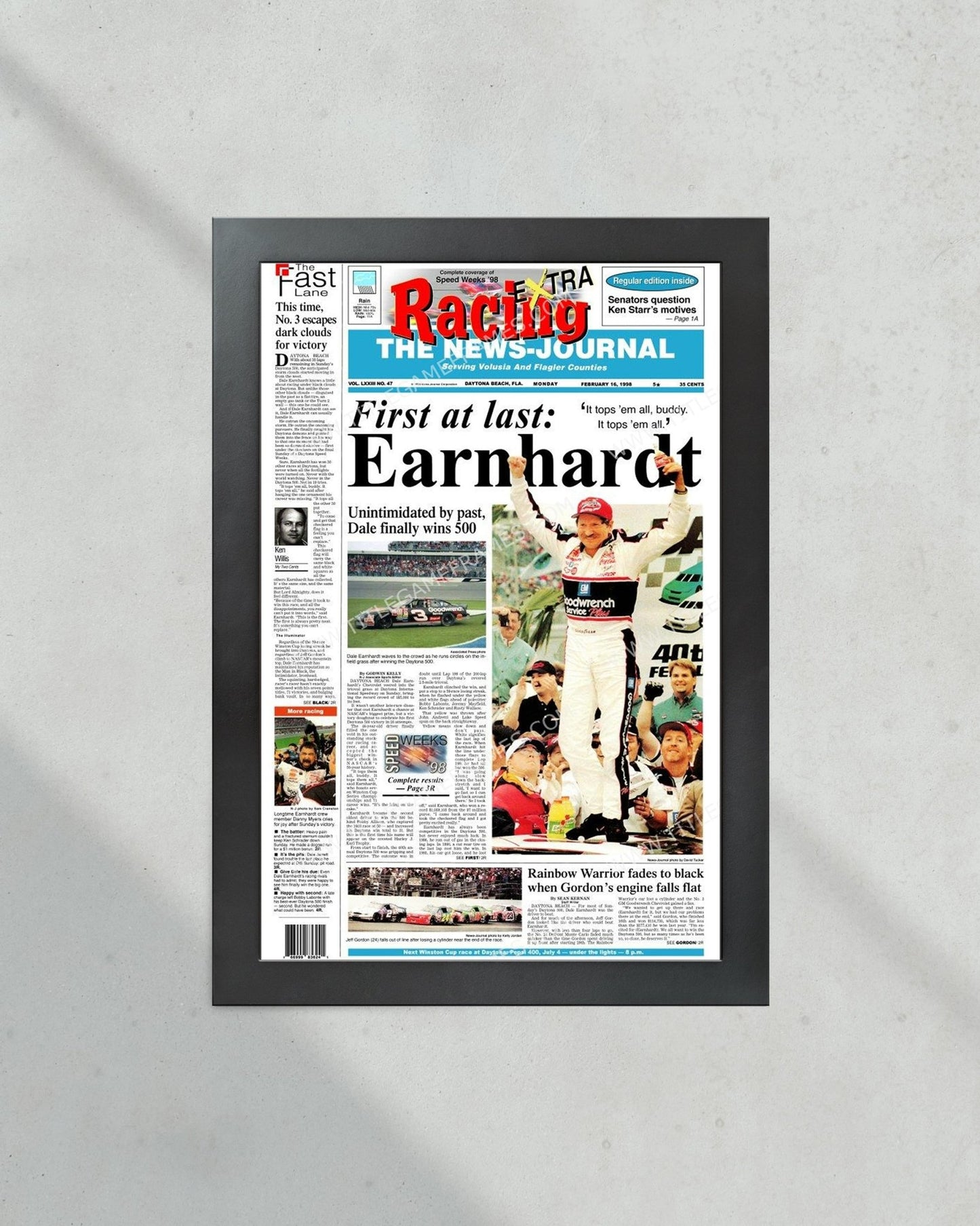 1998 Daytona 500 Dale Earnhardt Victory Framed Front Page Newspaper Print - Title Game Frames