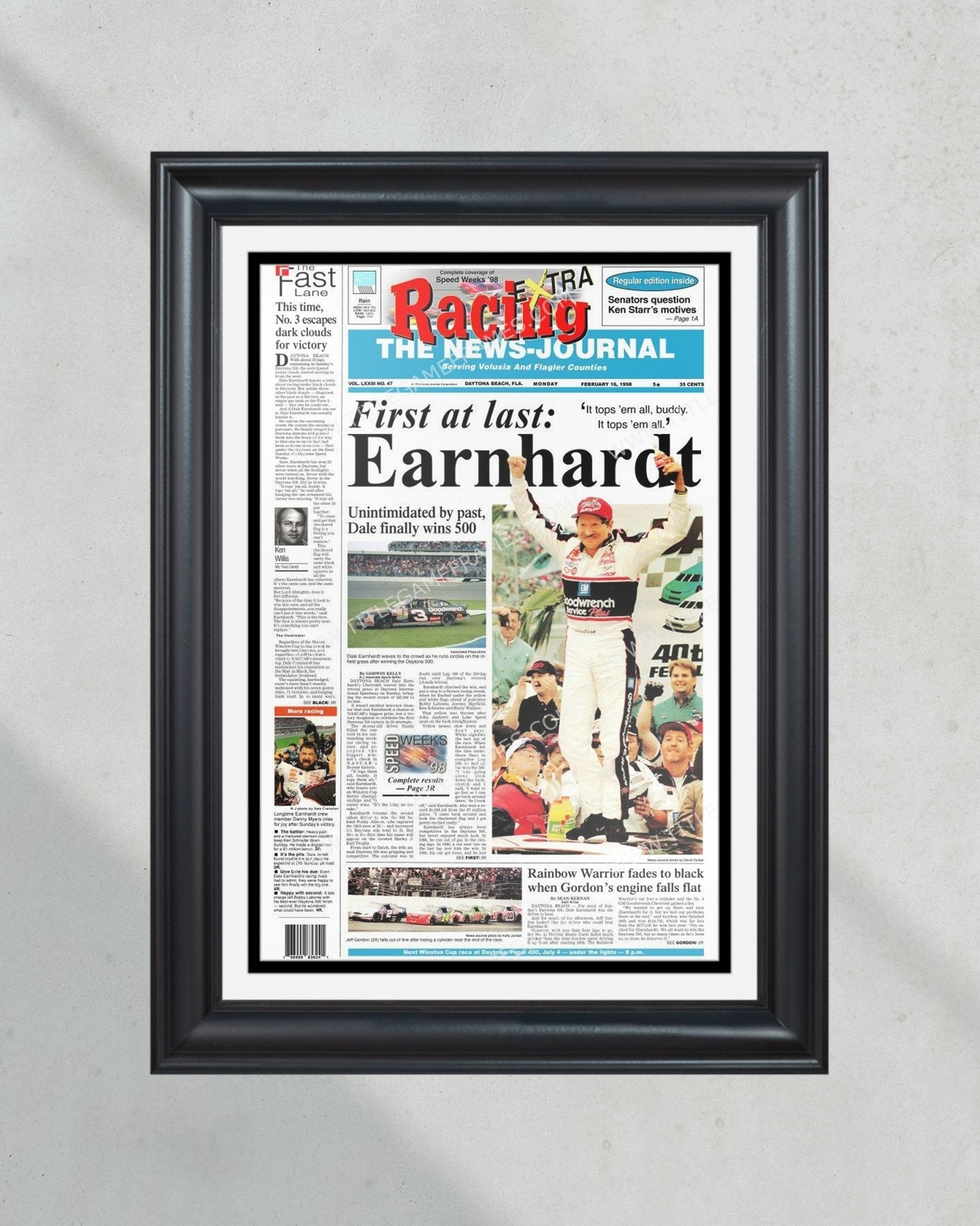 1998 Daytona 500 Dale Earnhardt Victory Framed Front Page Newspaper Print - Title Game Frames