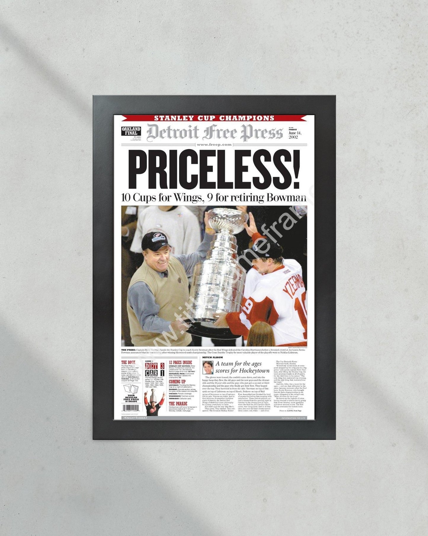 2002 Detroit Red Wings Stanley Cup Framed Front Page Newspaper Print Steve Yzerman - Title Game Frames