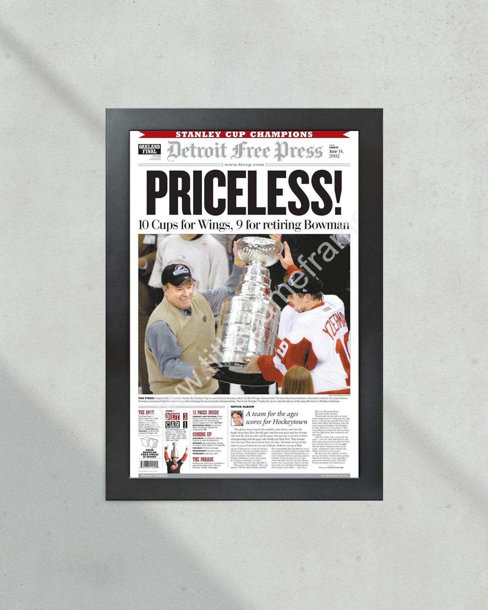 2002 Detroit Red Wings Stanley Cup Framed Front Page Newspaper Print Steve Yzerman - Title Game Frames