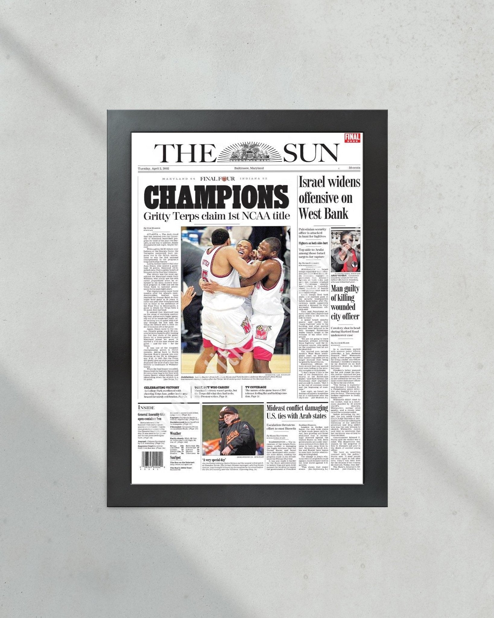 2002 Maryland Terrapins UMD NCAA College Basketball Champions Framed Front Page Newspaper Print - Title Game Frames