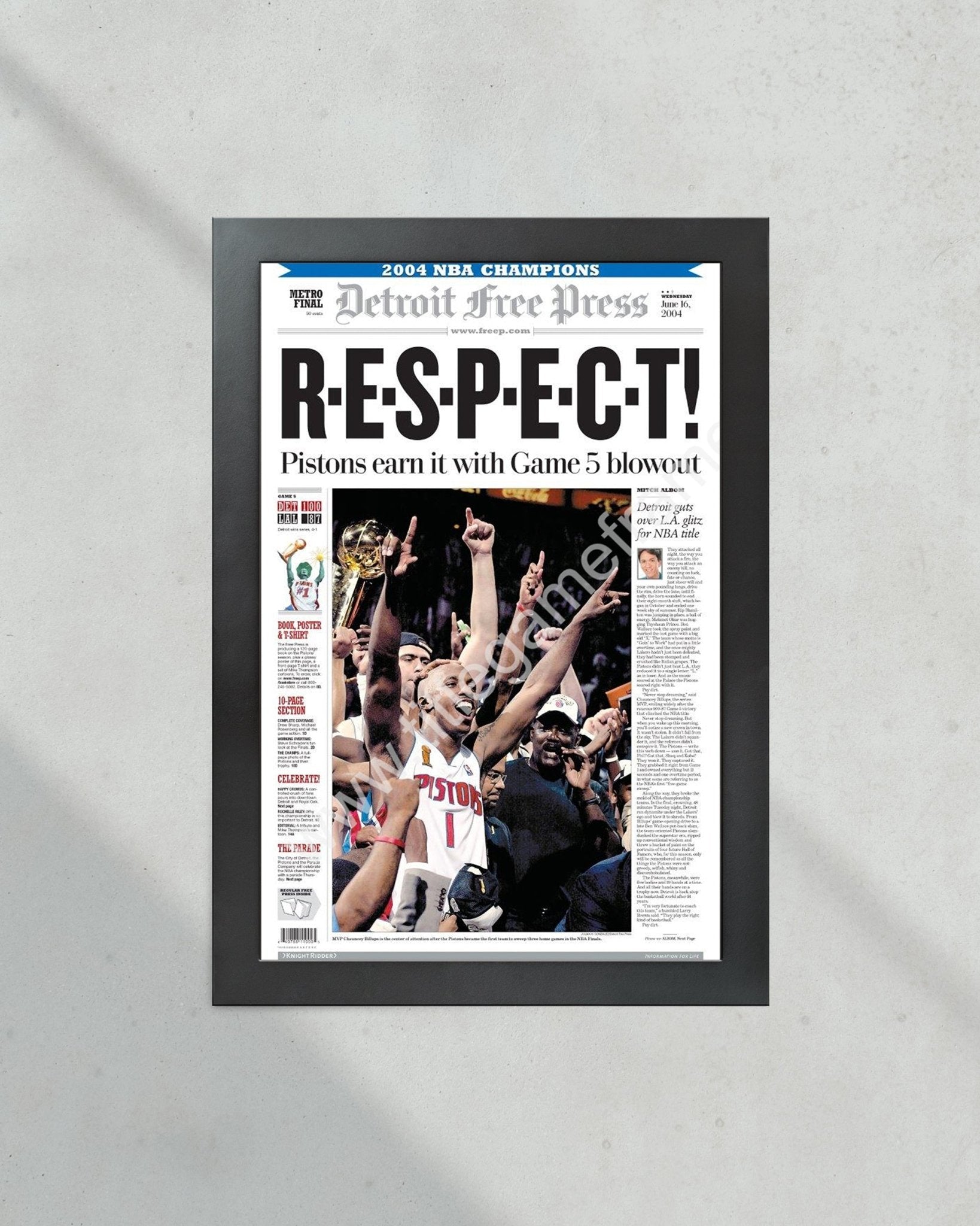 2004 Detroit Pistons NBA Championship Framed Newspaper Print "RESPECT" - Title Game Frames