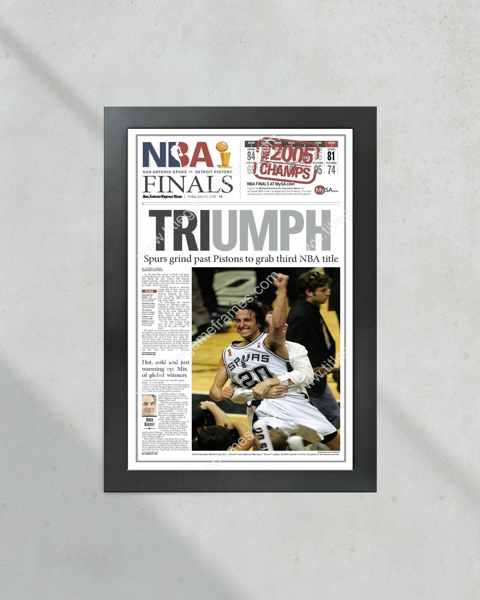 2005 San Antonio Spurs NBA Champion Framed Newspaper Front Page Print - Title Game Frames